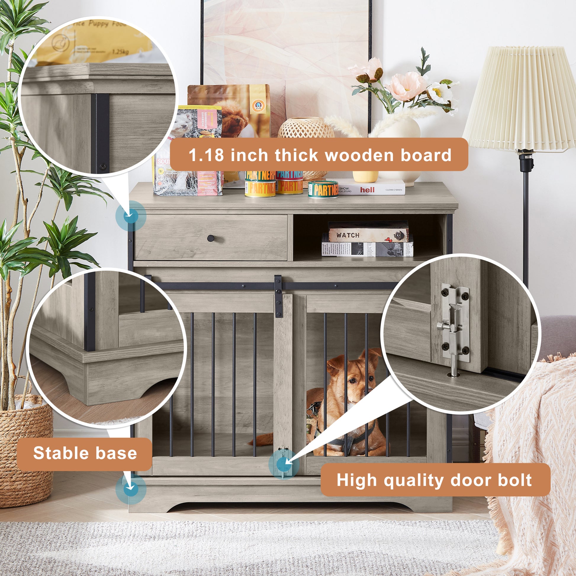 Sliding Door Dog Crate With Drawers. Grey,35.43'' W X 23.62'' D X 33.46'' H Grey Particle Board