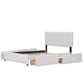 Upholstered Platform Bed With Classic Headboard And 4 Drawers, No Box Spring Needed, Linen Fabric, Queen Size White White Upholstered