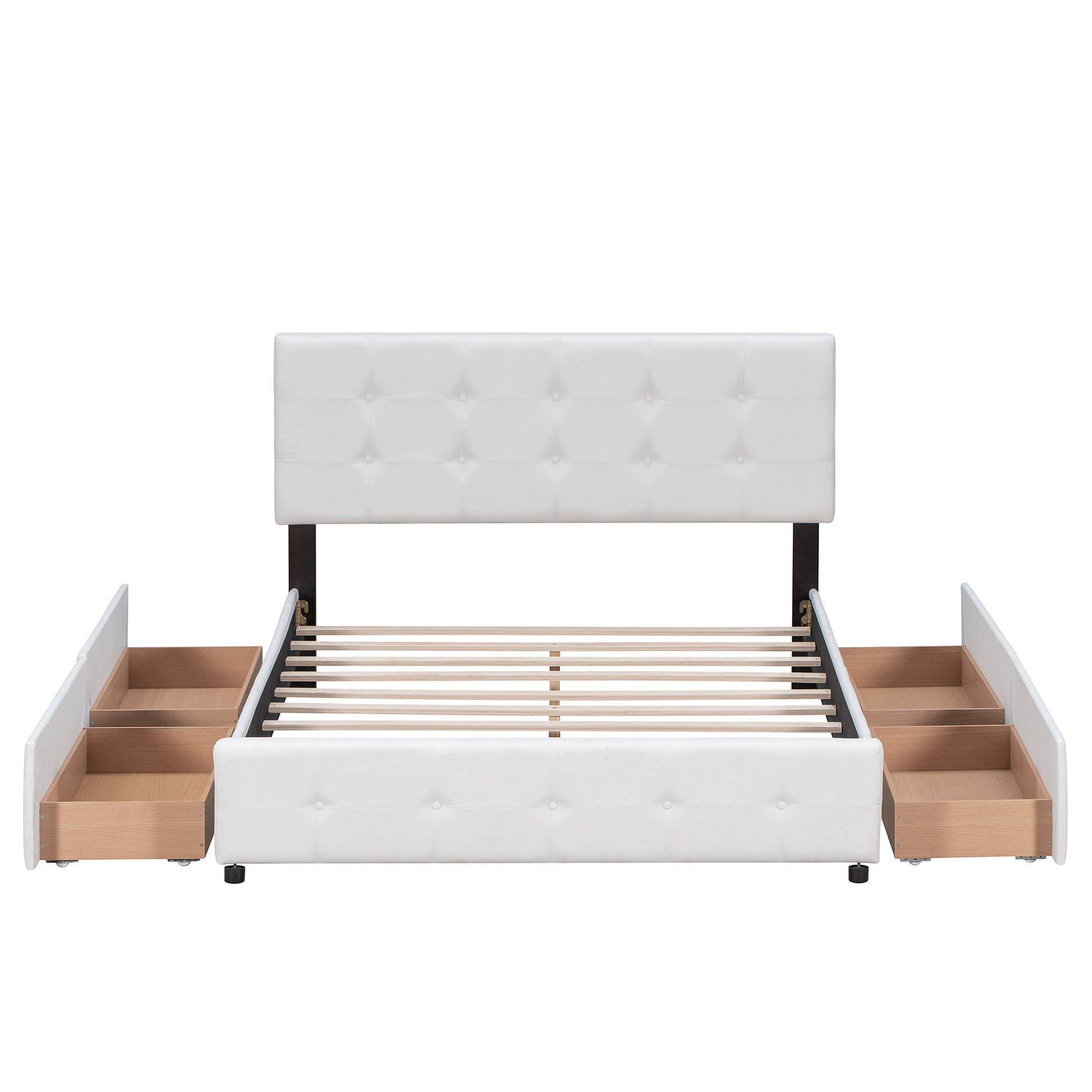 Upholstered Platform Bed With Classic Headboard And 4 Drawers, No Box Spring Needed, Linen Fabric, Queen Size White White Upholstered