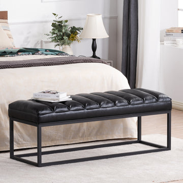 Metal Base Upholstered Bench For Bedroom For Entryway Black Pu