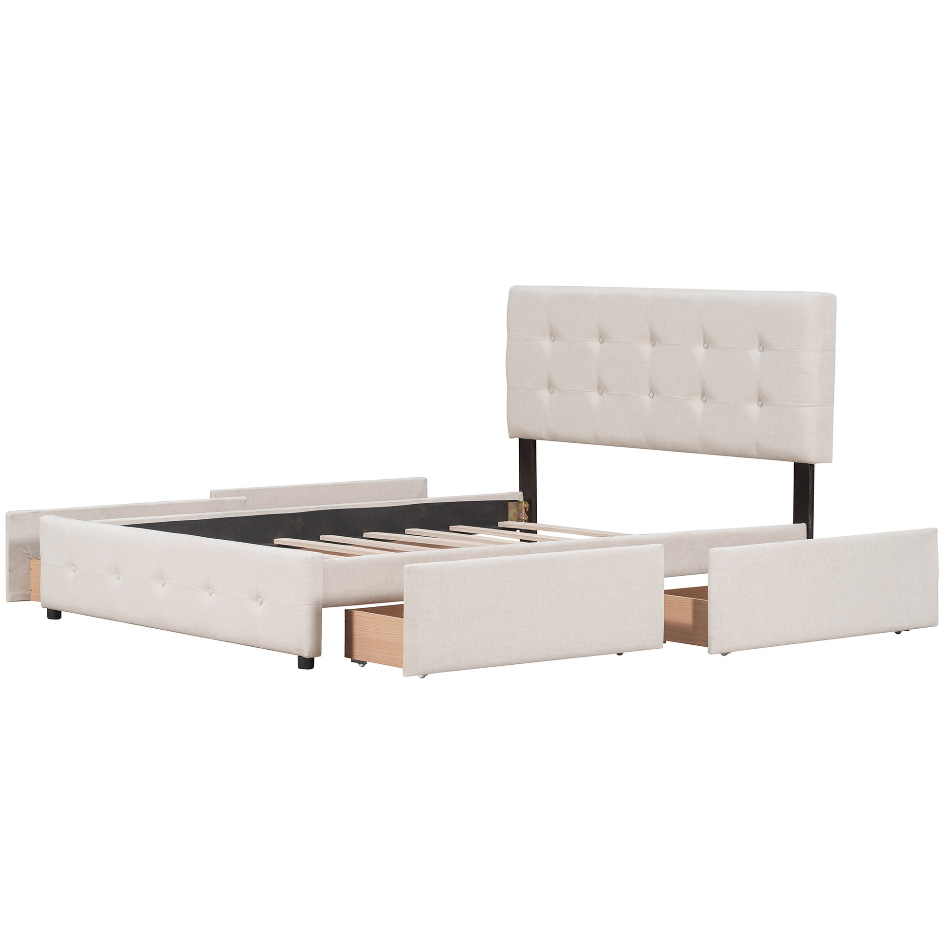 Upholstered Platform Bed With Classic Headboard And 4 Drawers, No Box Spring Needed, Linen Fabric, Queen Size Beige Old Sku :Lp000114Aaa Beige Upholstered