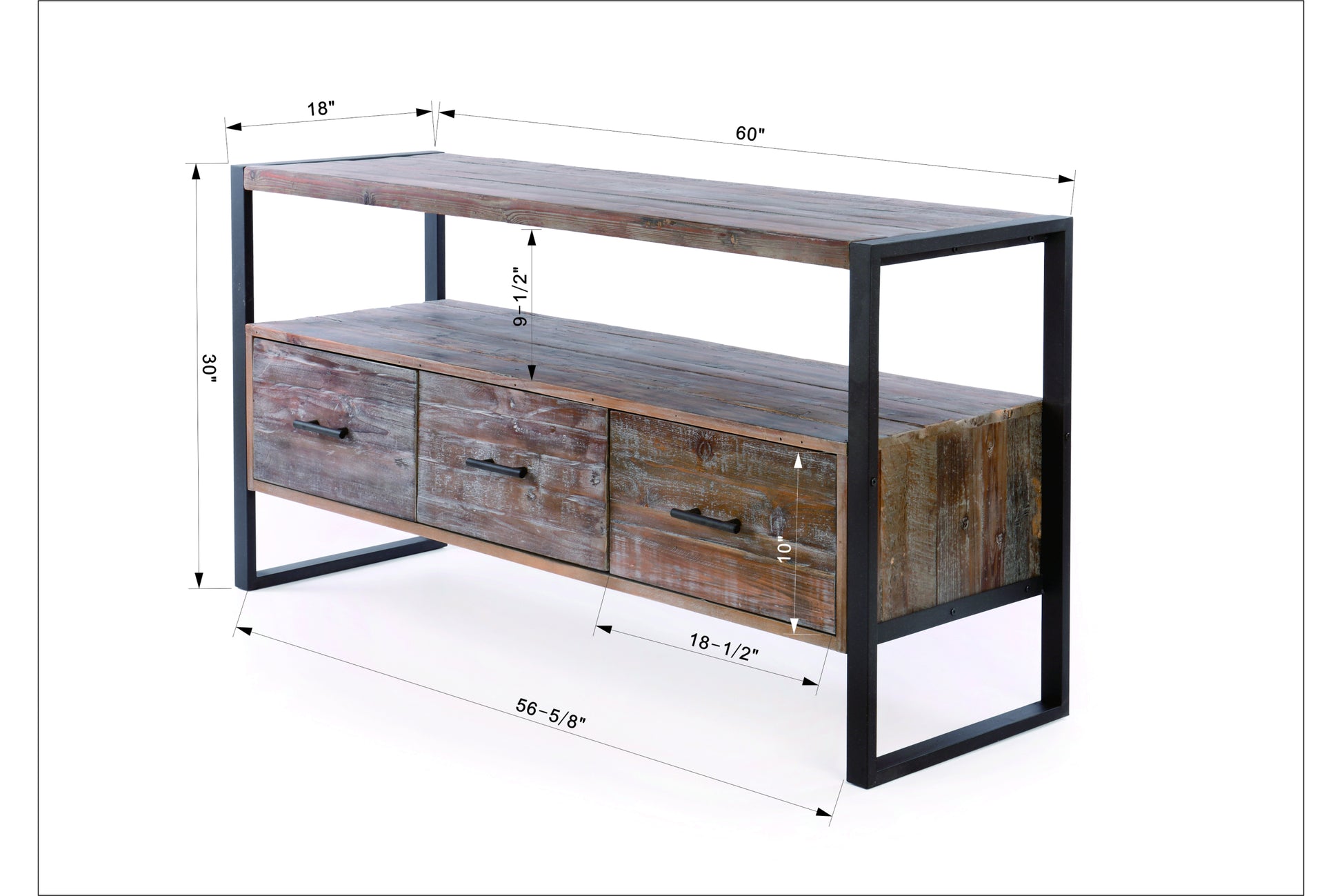 60 Inch Reclaimed Wood Media Tv Console Table With 3 Drarwer, Open Shelf, Antique Finish Antique Gray Solid Wood