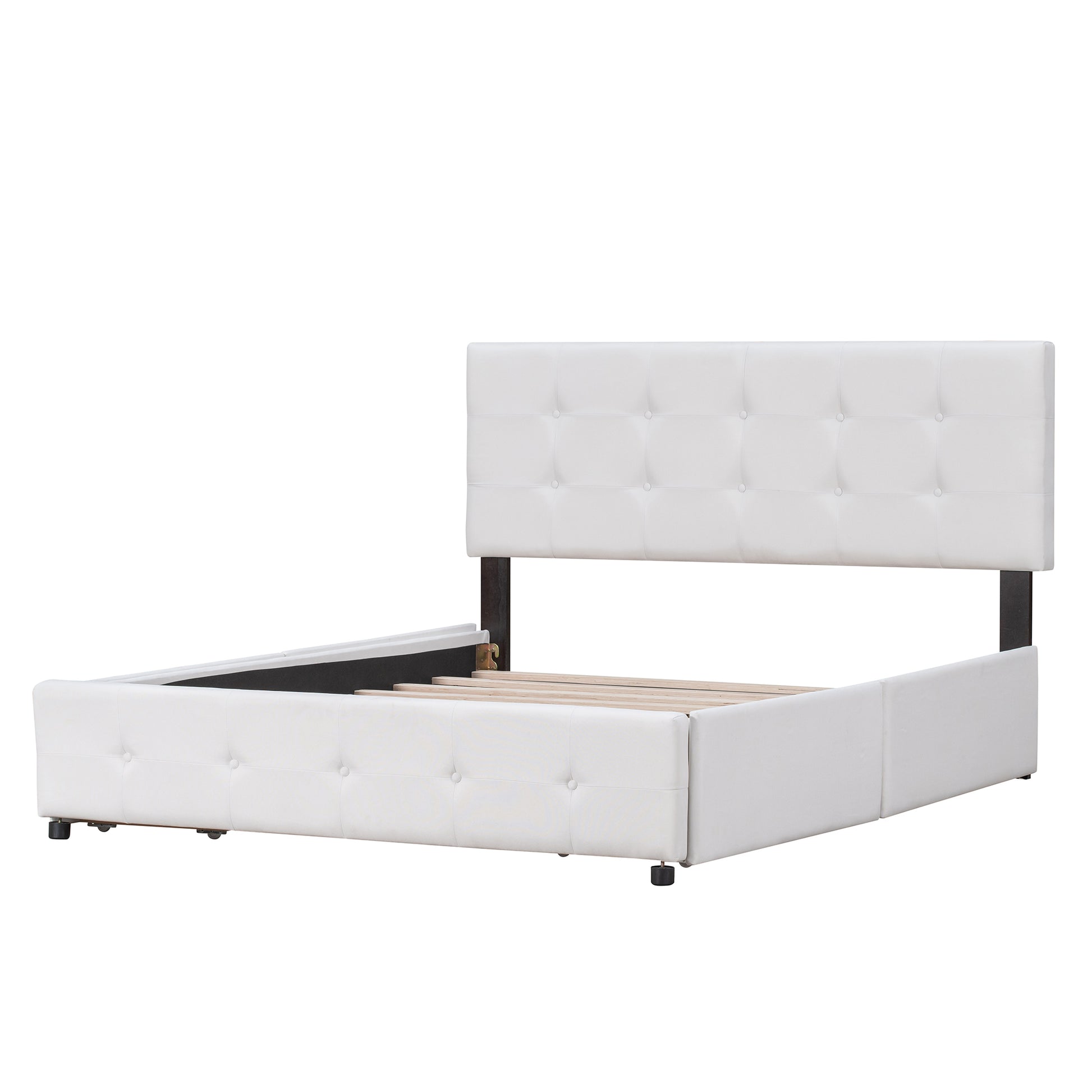 Upholstered Platform Bed With Classic Headboard And 4 Drawers, No Box Spring Needed, Linen Fabric, Queen Size White White Upholstered