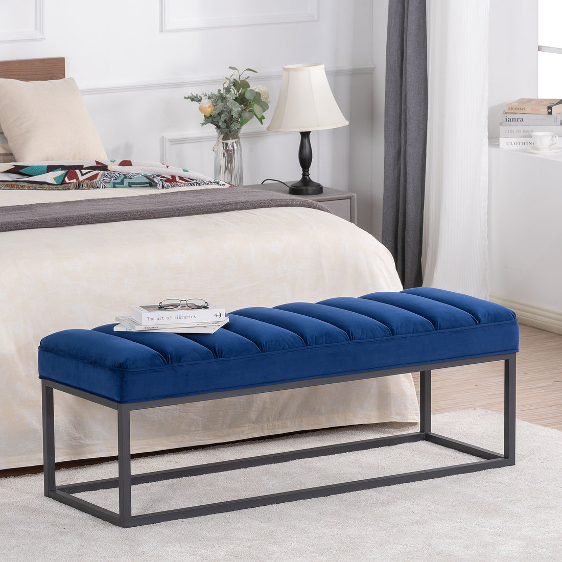 Metal Base Upholstered Bench For Bedroom For Entryway Navy Blue Velvet