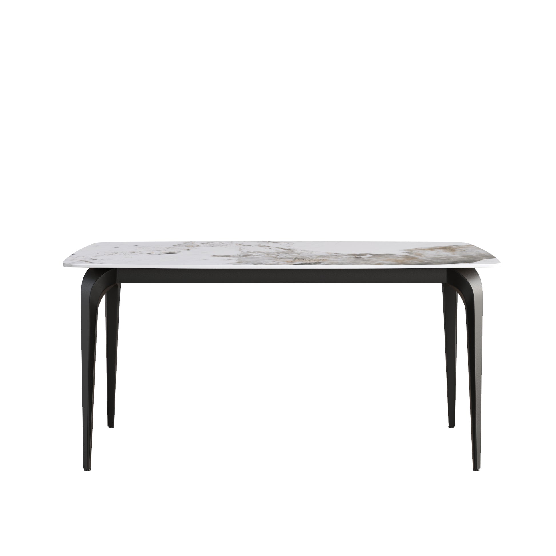 63"Modern Artificial Stone Pandora White Curved Black Metal Leg Dining Table 6 People Antique White Metal Sintered Stone