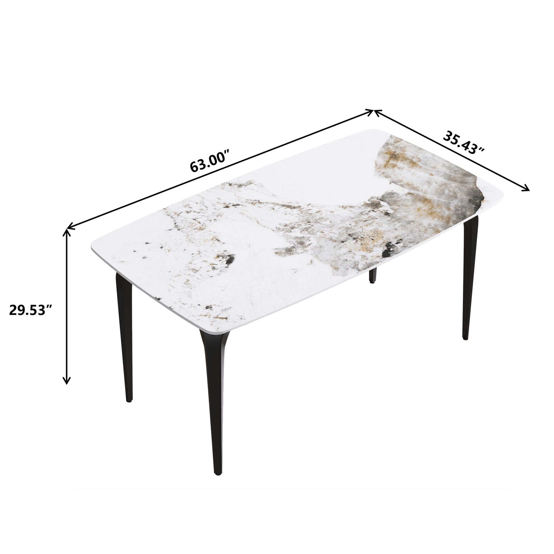 63"Modern Artificial Stone Pandora White Curved Black Metal Leg Dining Table 6 People Antique White Metal Sintered Stone