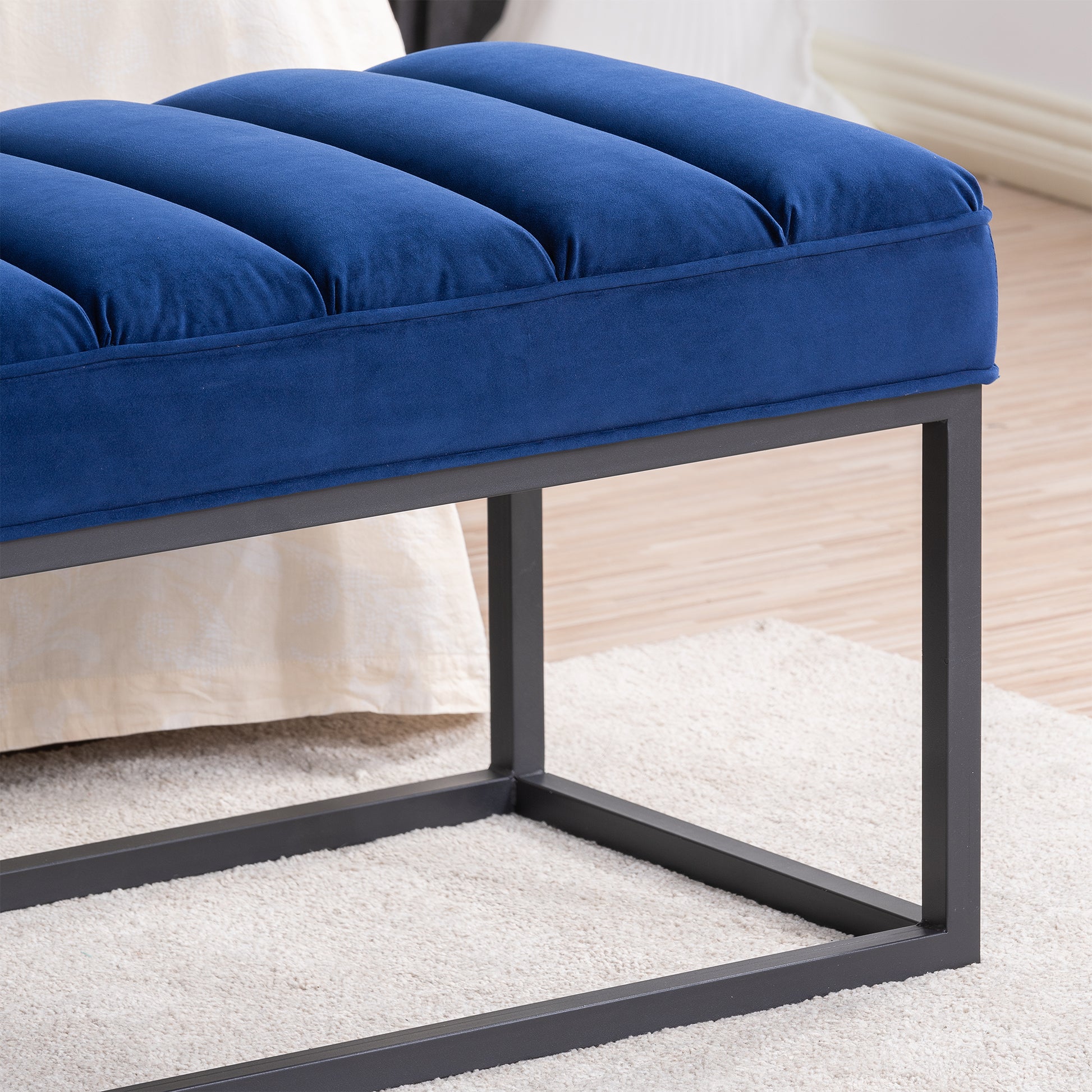 Metal Base Upholstered Bench For Bedroom For Entryway Navy Blue Velvet