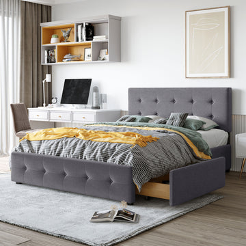 Upholstered Platform Bed With Classic Headboard And 4 Drawers, No Box Spring Needed, Linen Fabric, Queen Size Dark Gray Old Sku :Lp000114Aae Dark Gray Upholstered