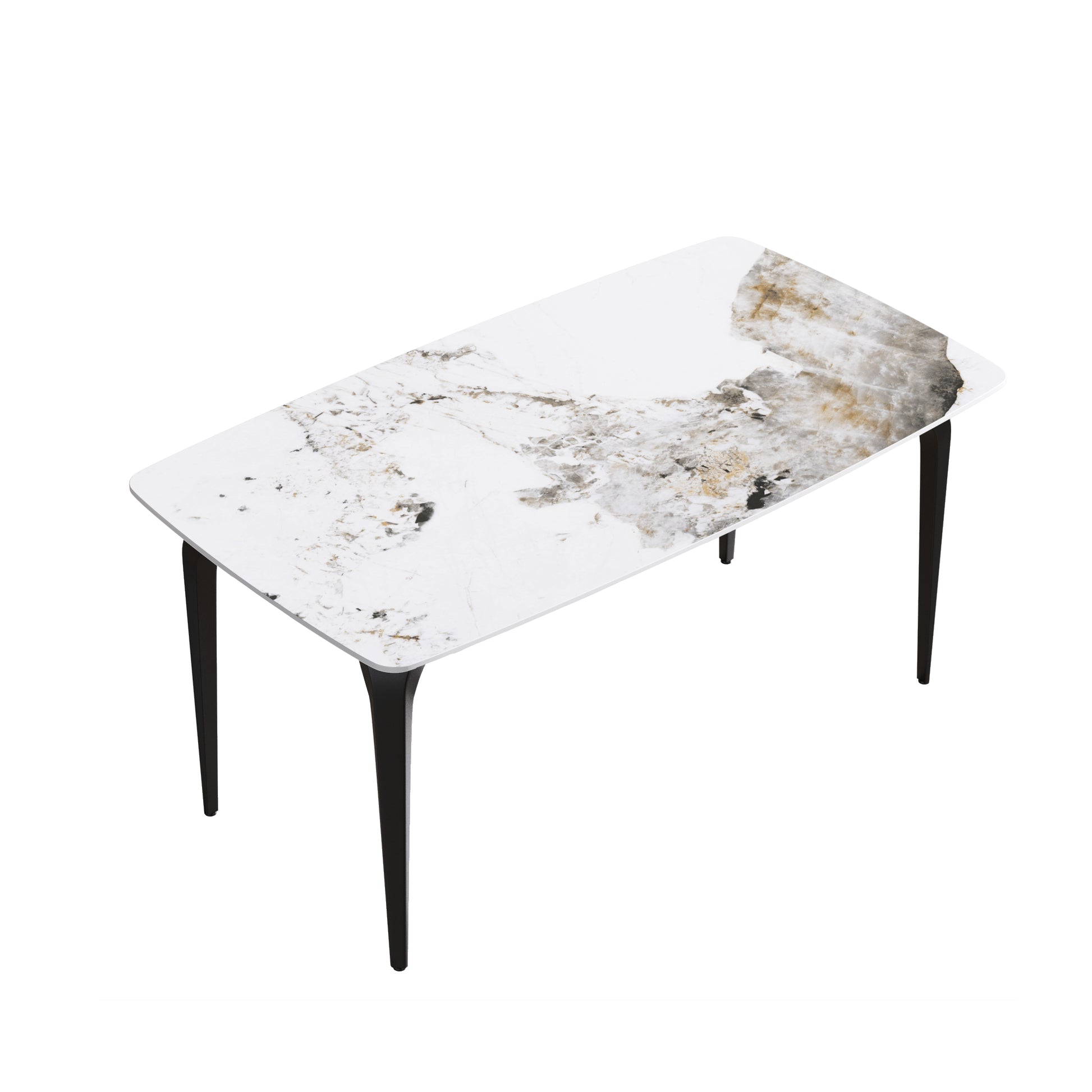 63"Modern Artificial Stone Pandora White Curved Black Metal Leg Dining Table 6 People Antique White Metal Sintered Stone