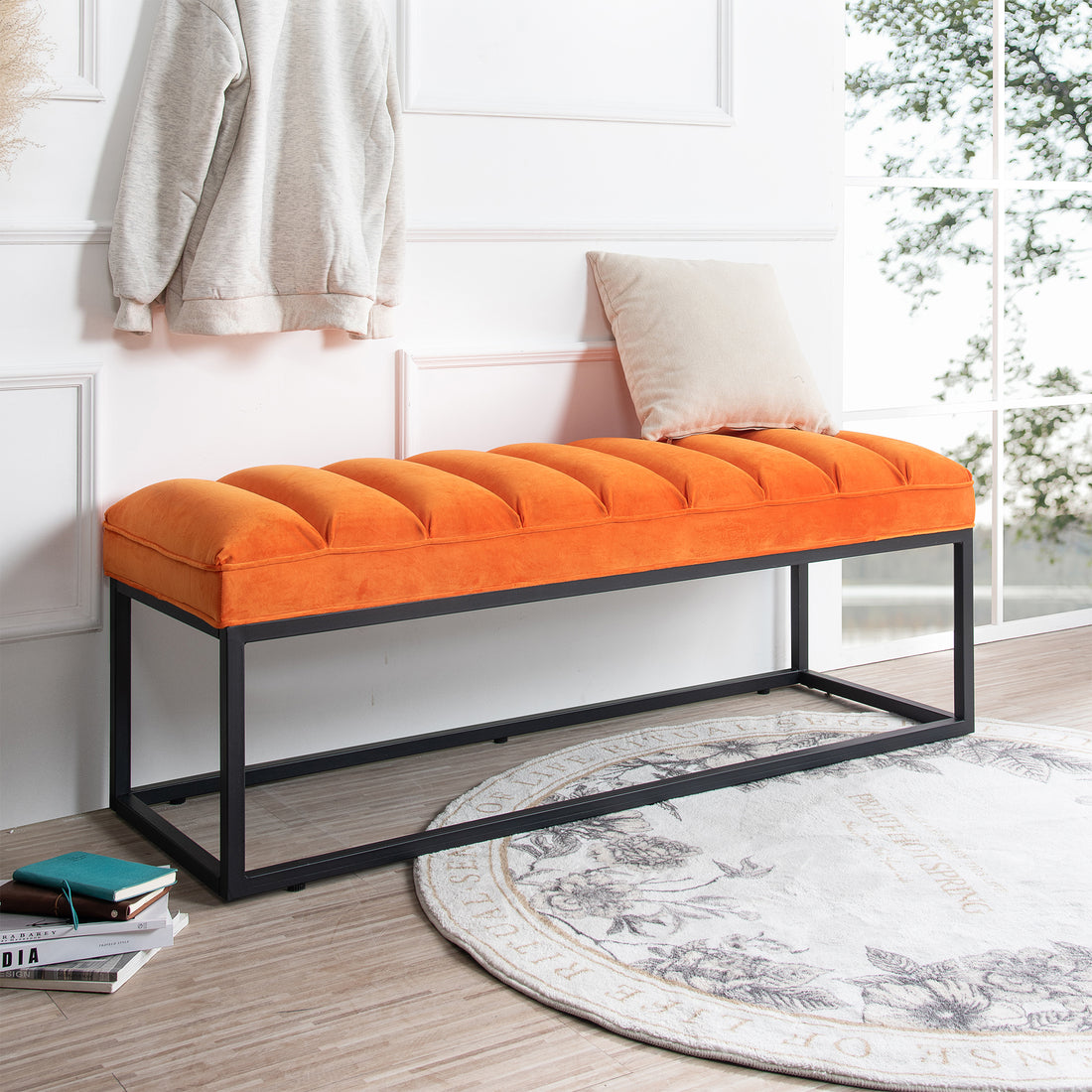 Metal Base Upholstered Bench For Bedroom For Entryway Orange Fabric