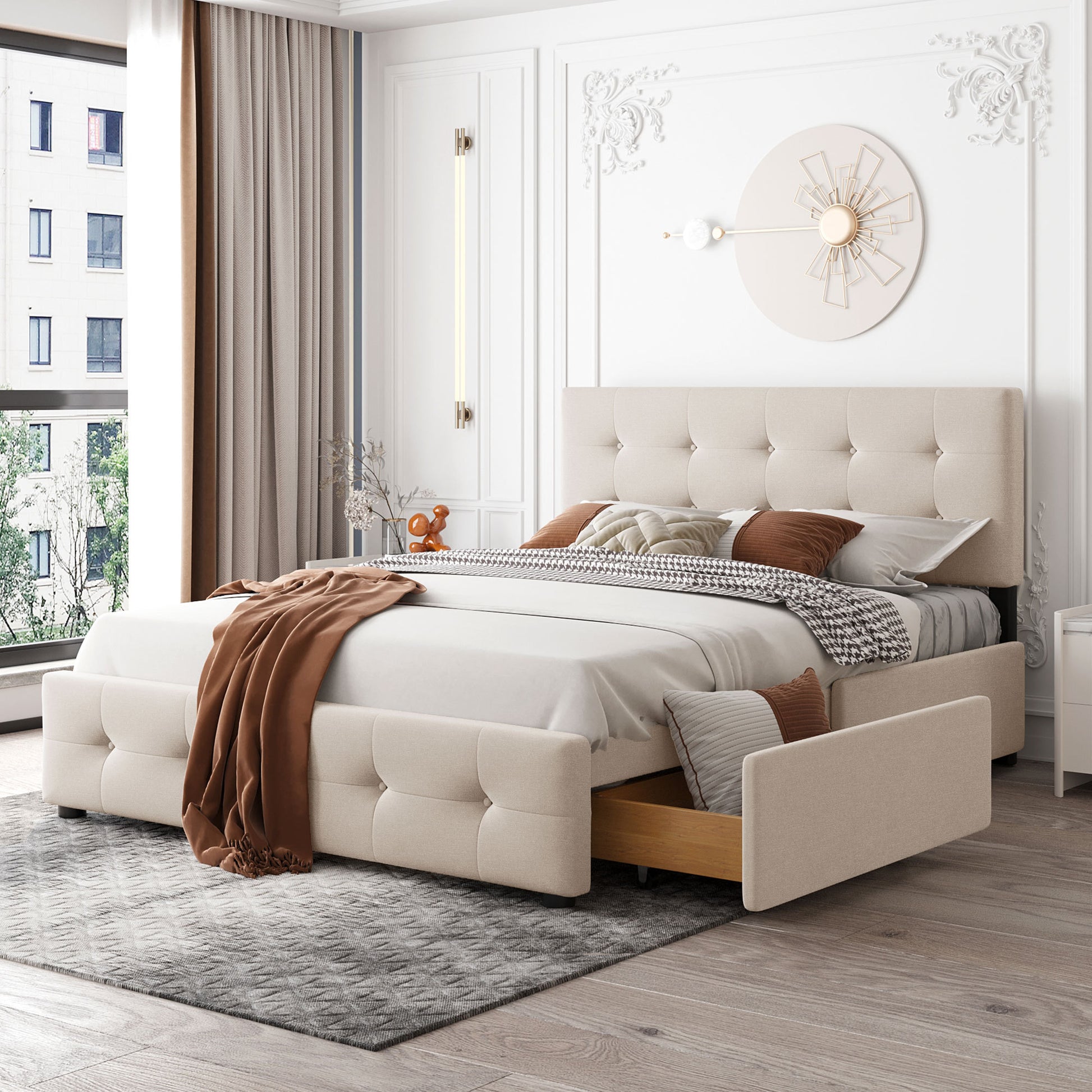 Upholstered Platform Bed With Classic Headboard And 4 Drawers, No Box Spring Needed, Linen Fabric, Queen Size Beige Old Sku :Lp000114Aaa Beige Upholstered