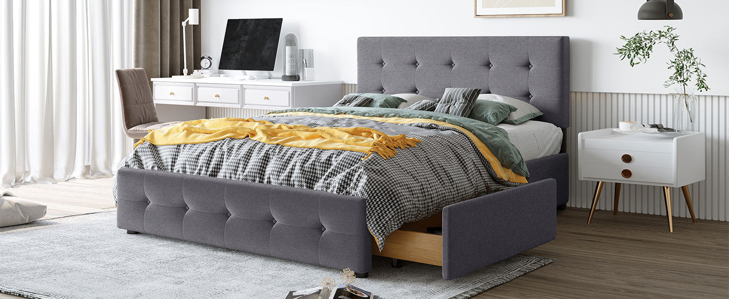 Upholstered Platform Bed With Classic Headboard And 4 Drawers, No Box Spring Needed, Linen Fabric, Queen Size Dark Gray Old Sku :Lp000114Aae Dark Gray Upholstered