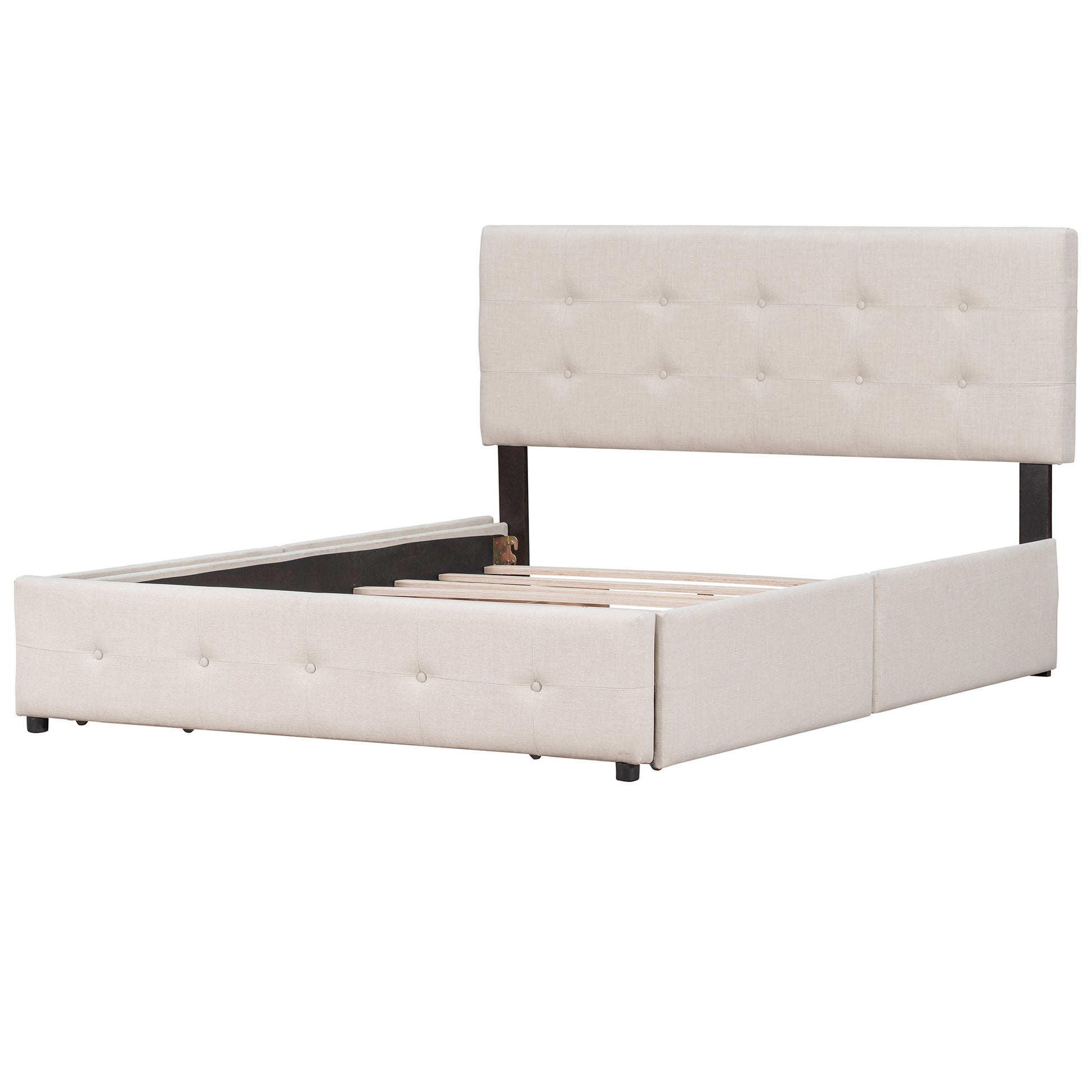 Upholstered Platform Bed With Classic Headboard And 4 Drawers, No Box Spring Needed, Linen Fabric, Queen Size Beige Old Sku :Lp000114Aaa Beige Upholstered