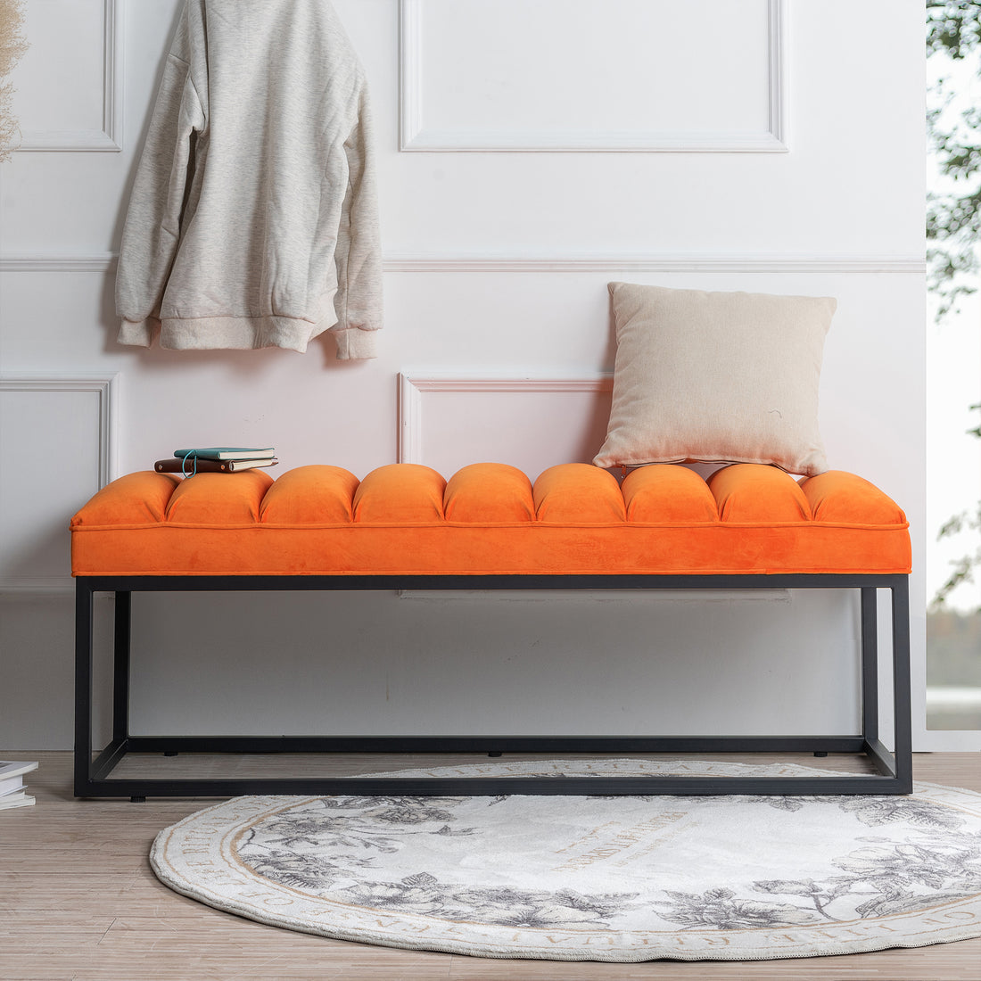 Metal Base Upholstered Bench For Bedroom For Entryway Orange Fabric