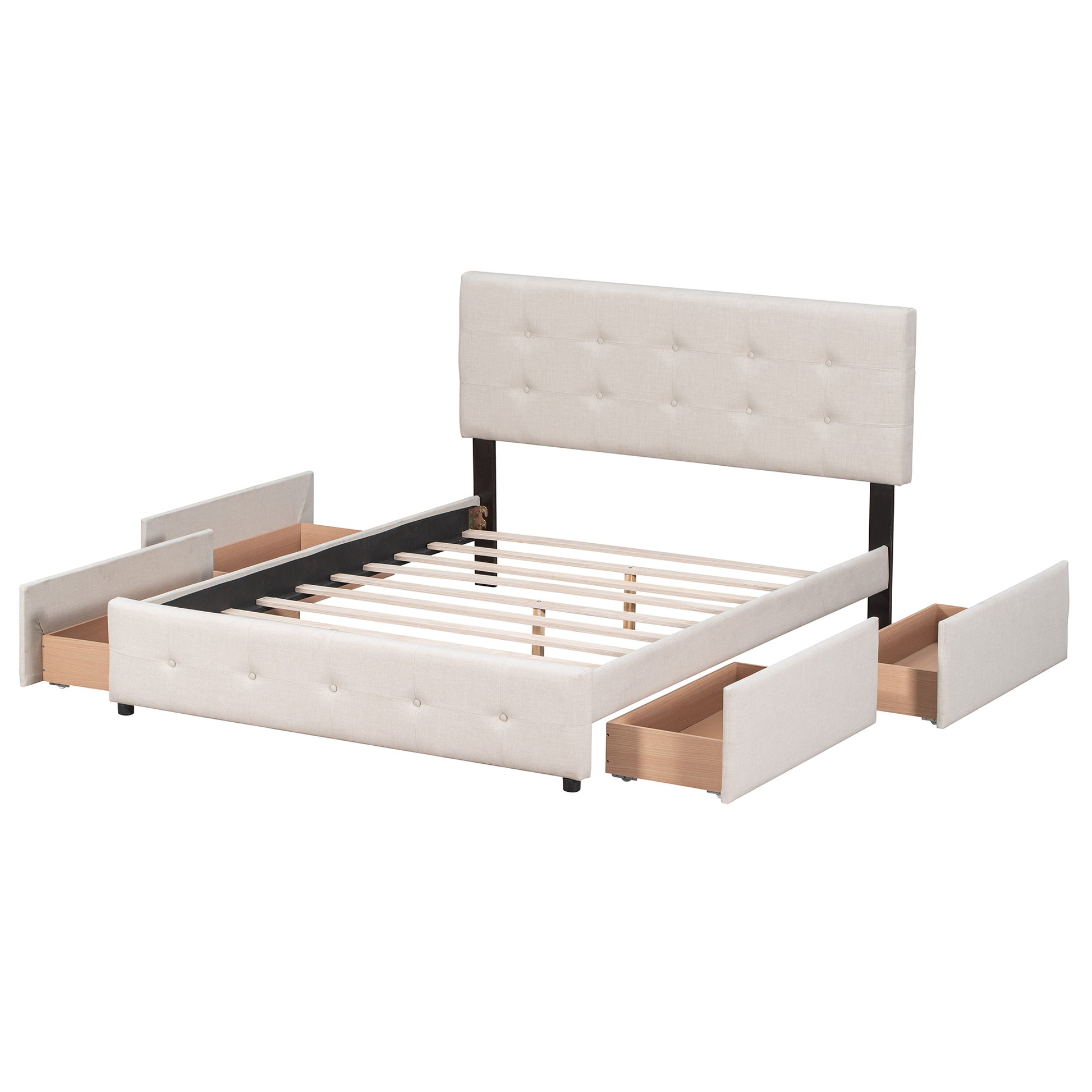 Upholstered Platform Bed With Classic Headboard And 4 Drawers, No Box Spring Needed, Linen Fabric, Queen Size Beige Old Sku :Lp000114Aaa Beige Upholstered