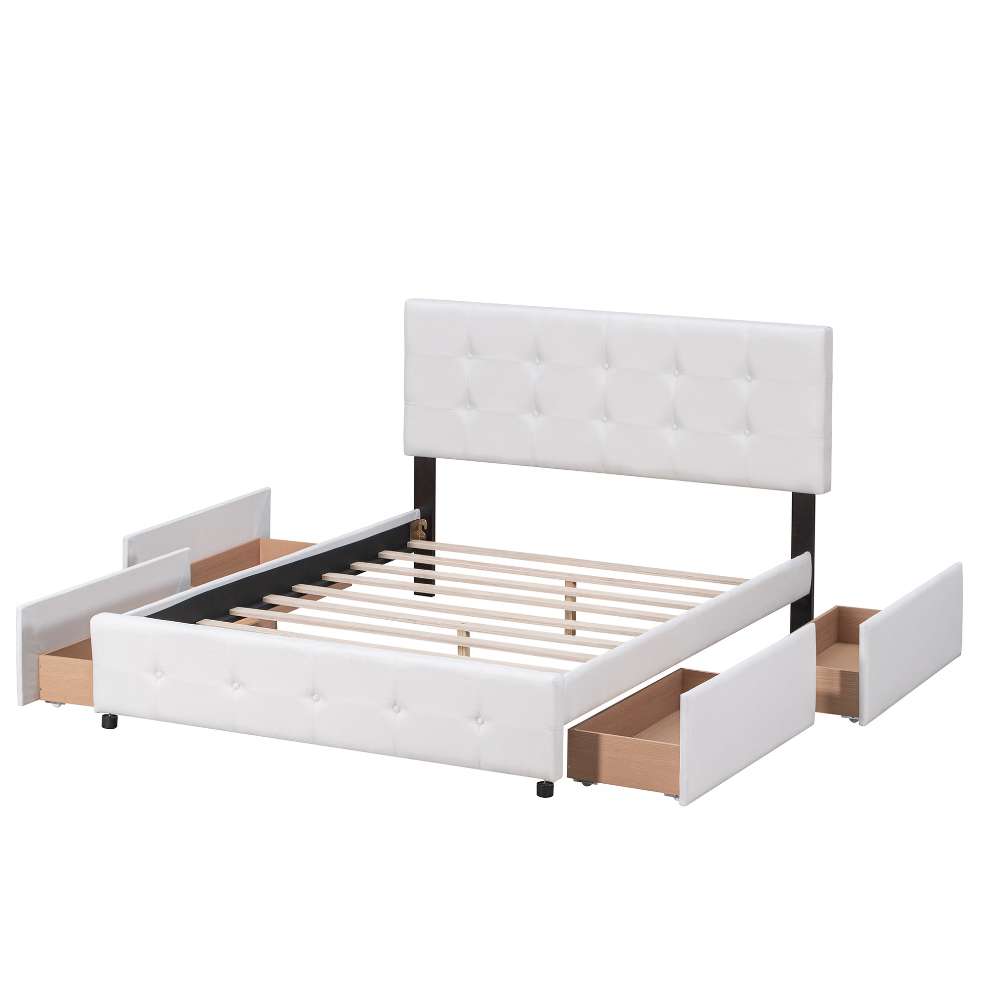 Upholstered Platform Bed With Classic Headboard And 4 Drawers, No Box Spring Needed, Linen Fabric, Queen Size White White Upholstered