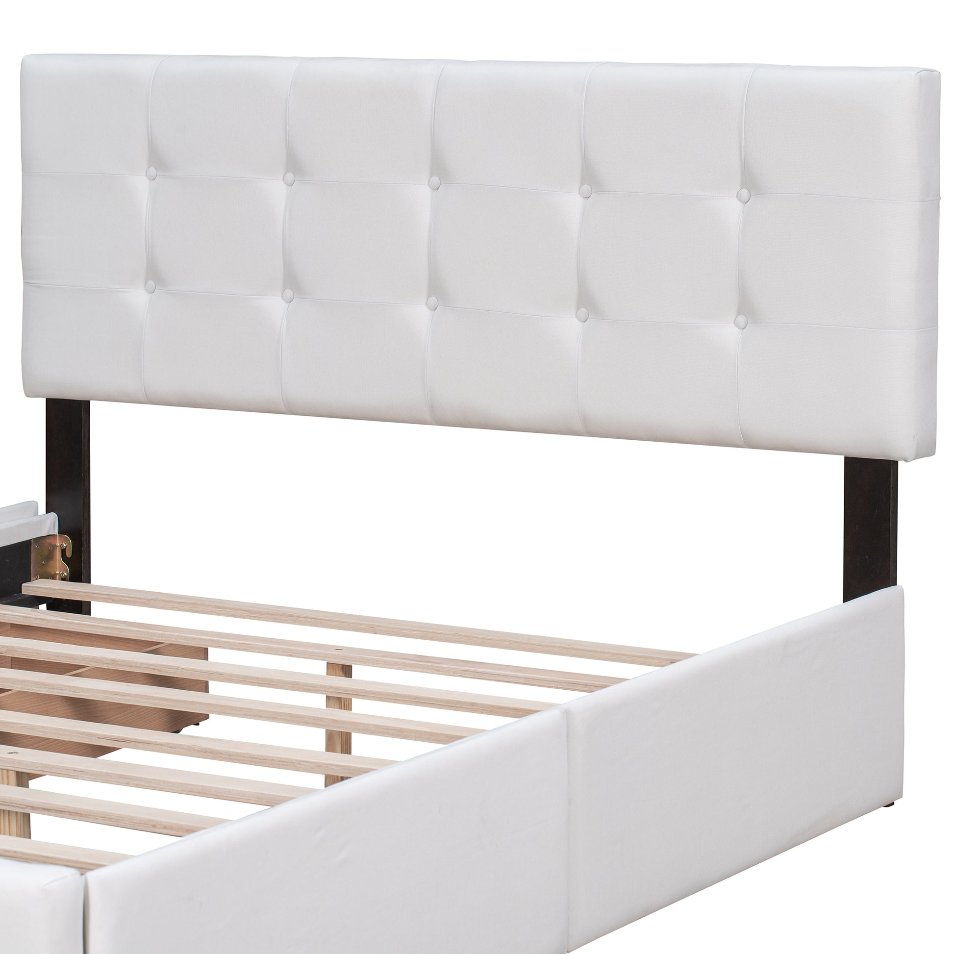 Upholstered Platform Bed With Classic Headboard And 4 Drawers, No Box Spring Needed, Linen Fabric, Queen Size White White Upholstered