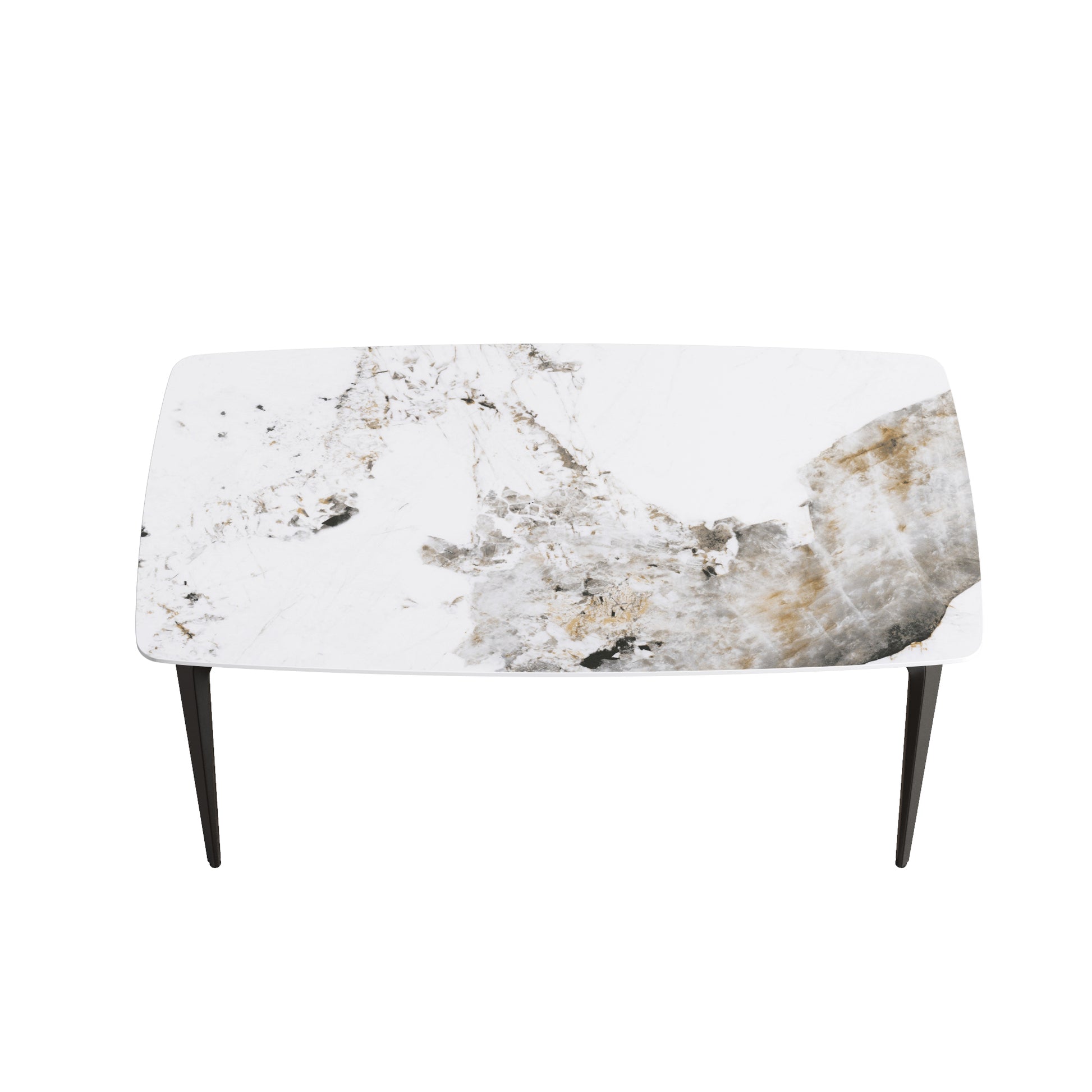 63"Modern Artificial Stone Pandora White Curved Black Metal Leg Dining Table 6 People Antique White Metal Sintered Stone