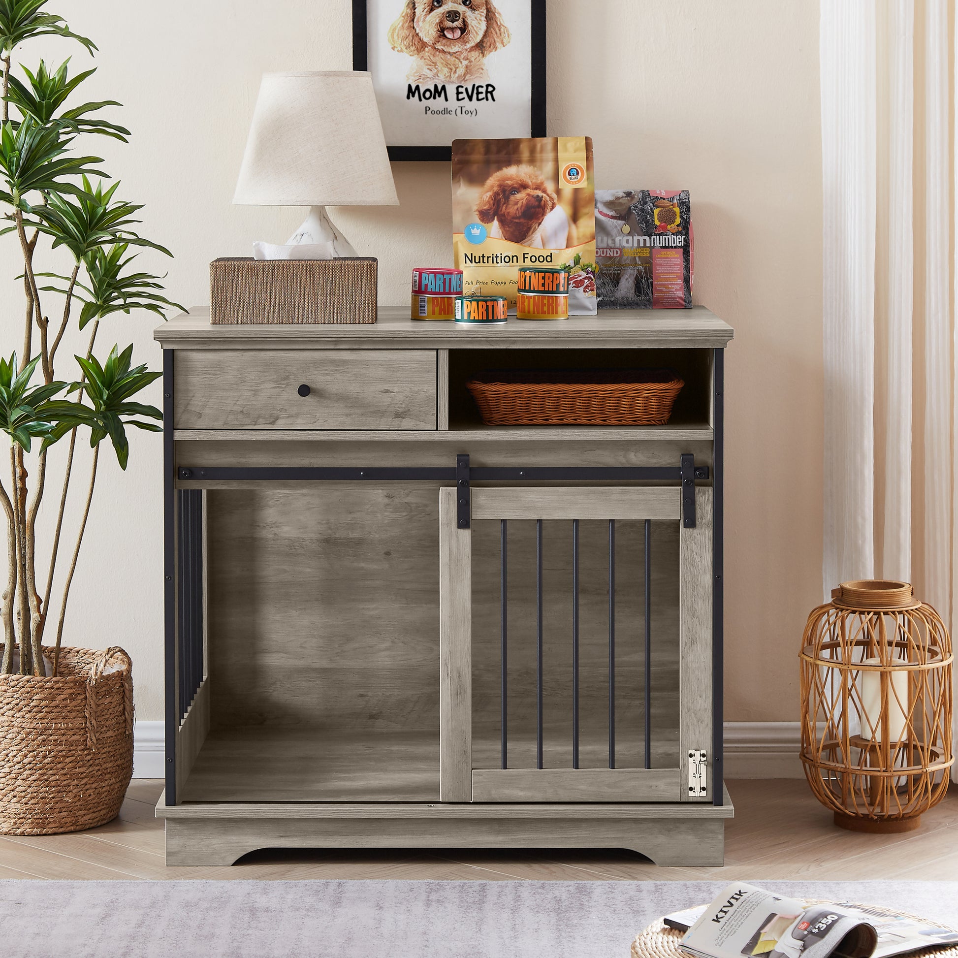 Sliding Door Dog Crate With Drawers. Grey,35.43'' W X 23.62'' D X 33.46'' H Grey Particle Board