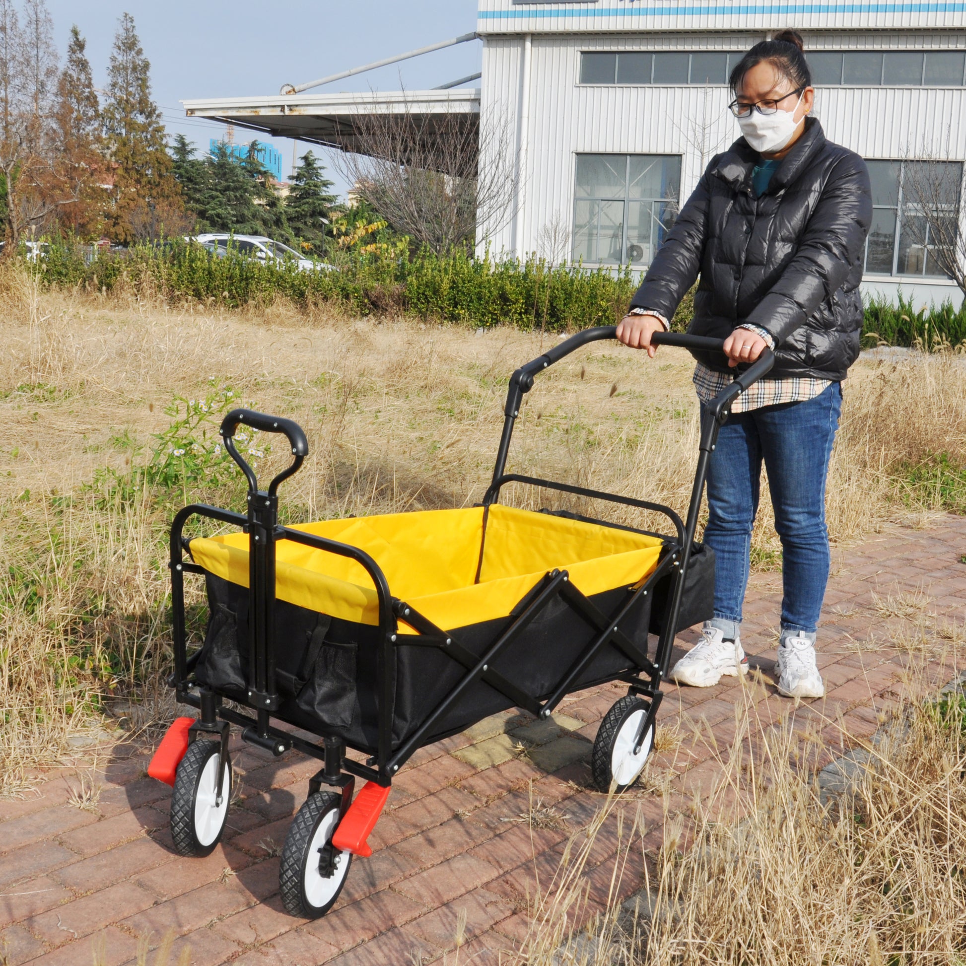 Folding Wagon Collapsible Outdoor Utility Wagon, Heavy Duty Folding Garden Portable Hand Cart, Drink Holder, Adjustable Handles Yellow Steel