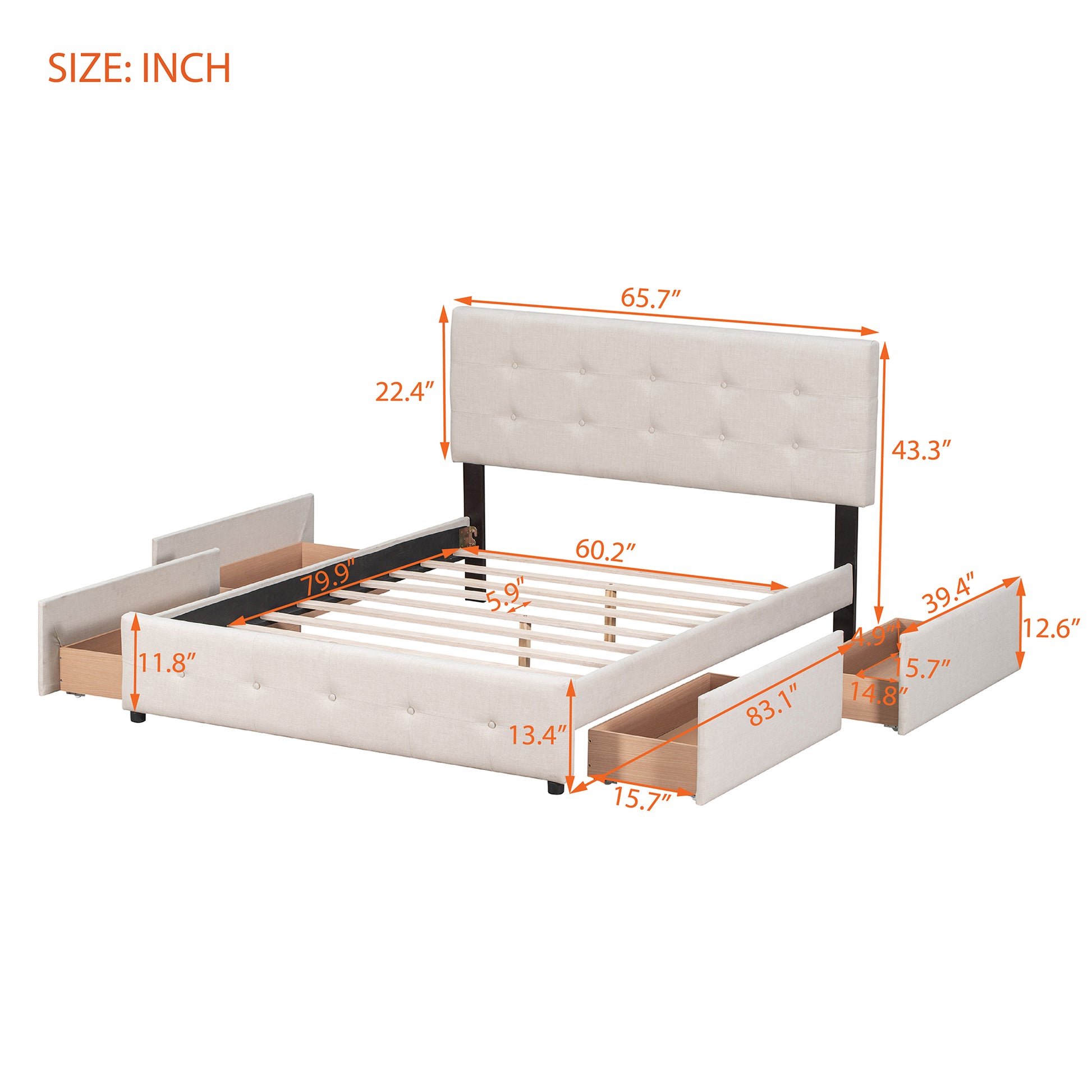 Upholstered Platform Bed With Classic Headboard And 4 Drawers, No Box Spring Needed, Linen Fabric, Queen Size Beige Old Sku :Lp000114Aaa Beige Upholstered