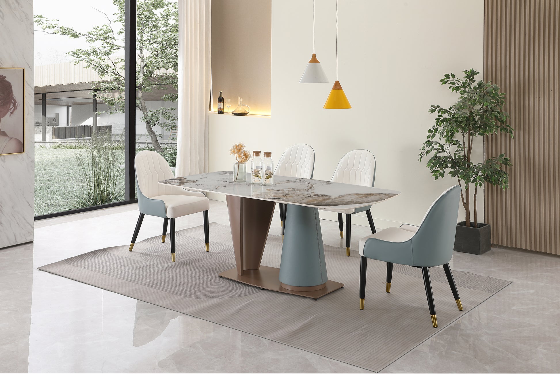 71" Pandora Color Sintered Stone Dining Table With 6 Pcs Chairs Beige Brown Carbon Steel Sintered Stone