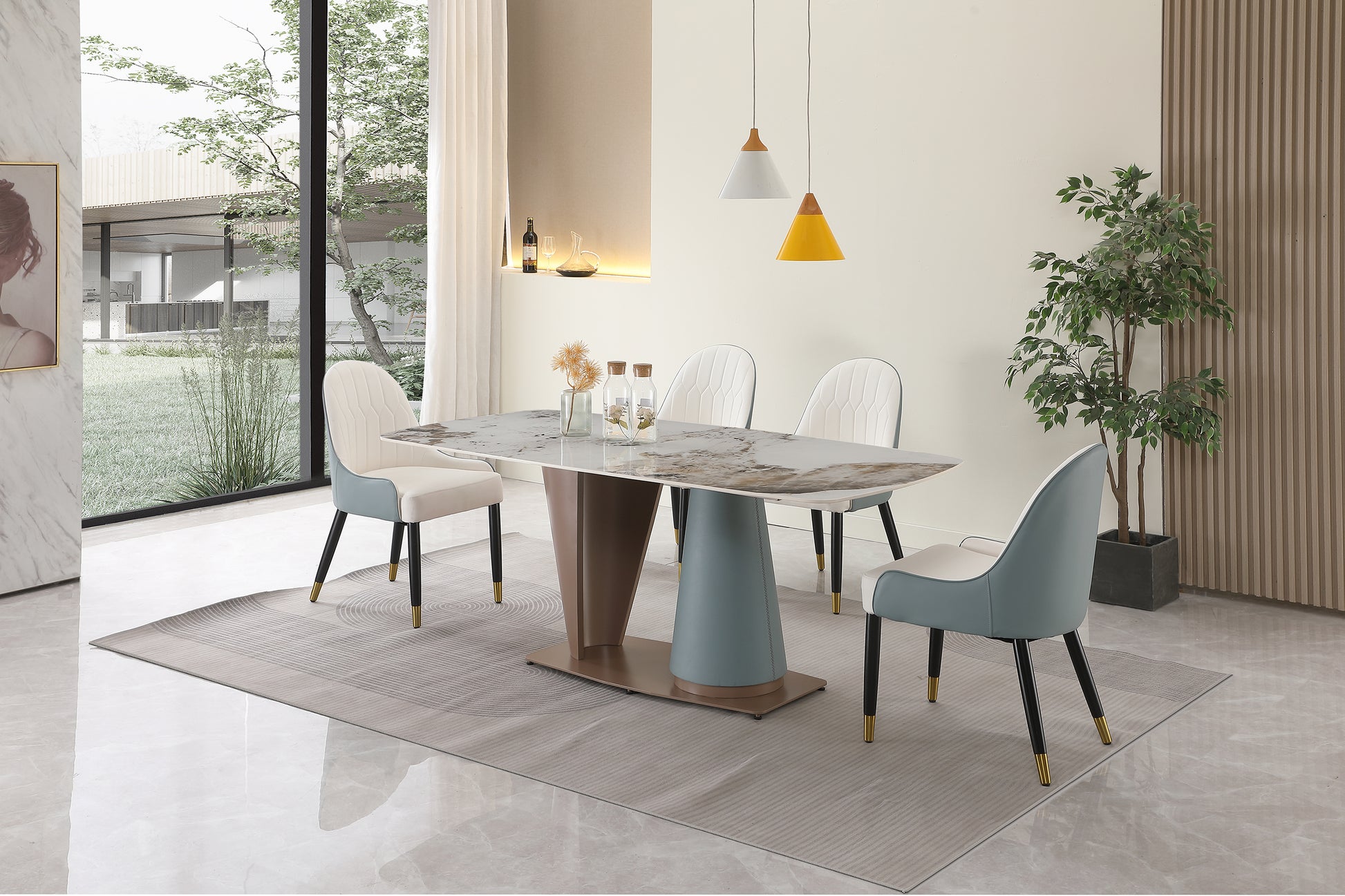 71" Pandora Color Sintered Stone Dining Table With Cone Shape Pedestal Base In Champagne And Blue Color Multicolor Metal Carbon Steel