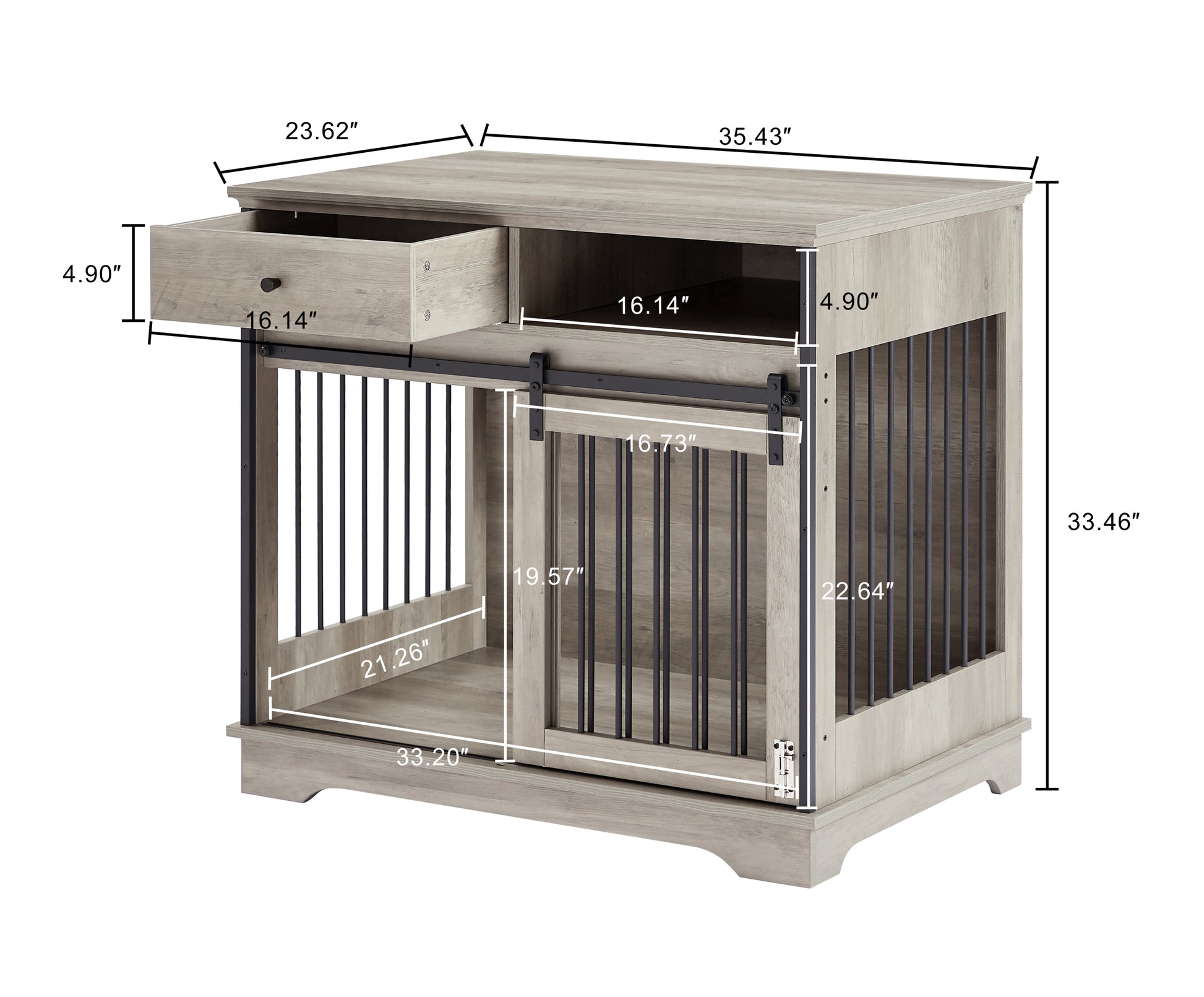 Sliding Door Dog Crate With Drawers. Grey,35.43'' W X 23.62'' D X 33.46'' H Grey Particle Board