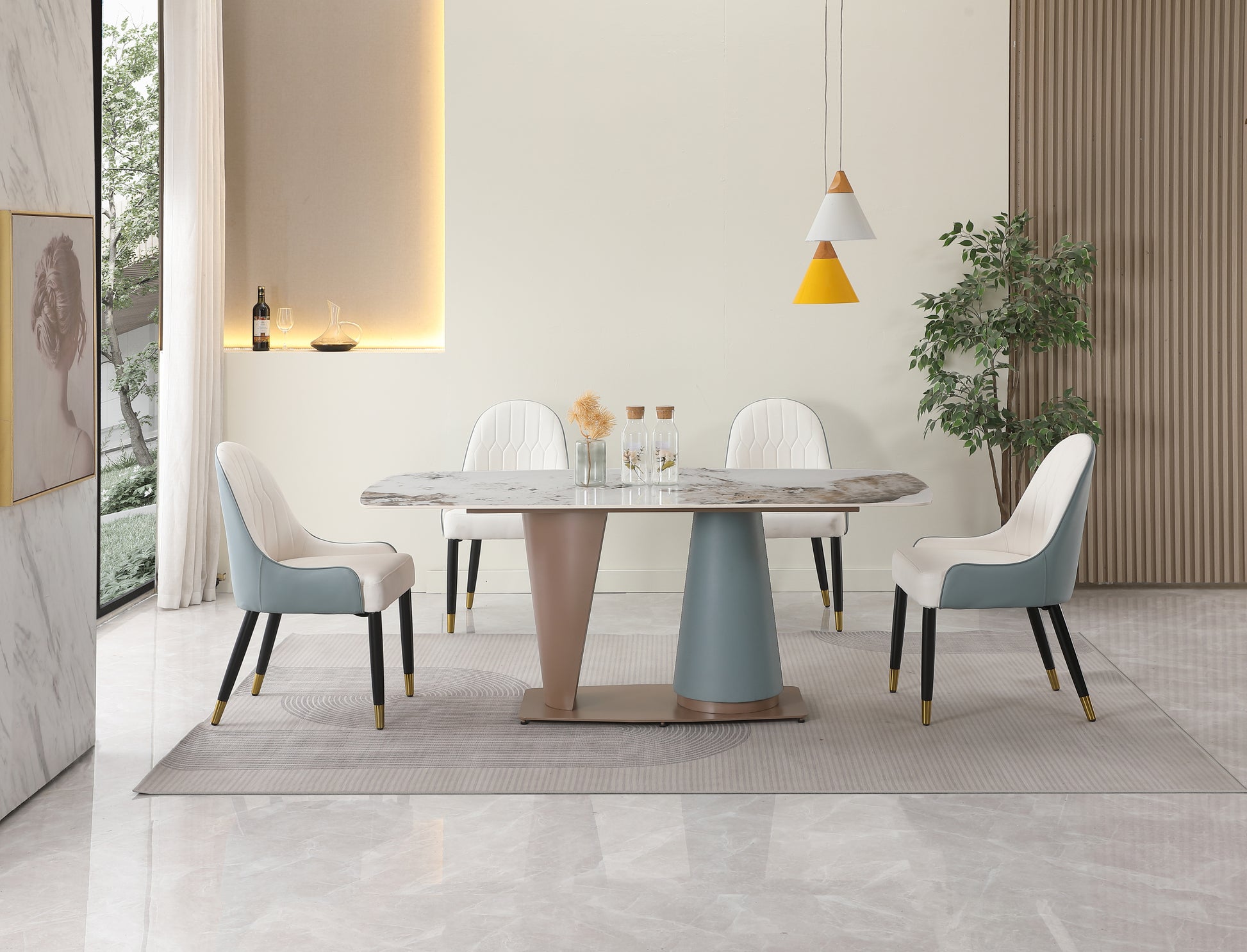 71" Pandora Color Sintered Stone Dining Table With 6 Pcs Chairs Beige Brown Carbon Steel Sintered Stone