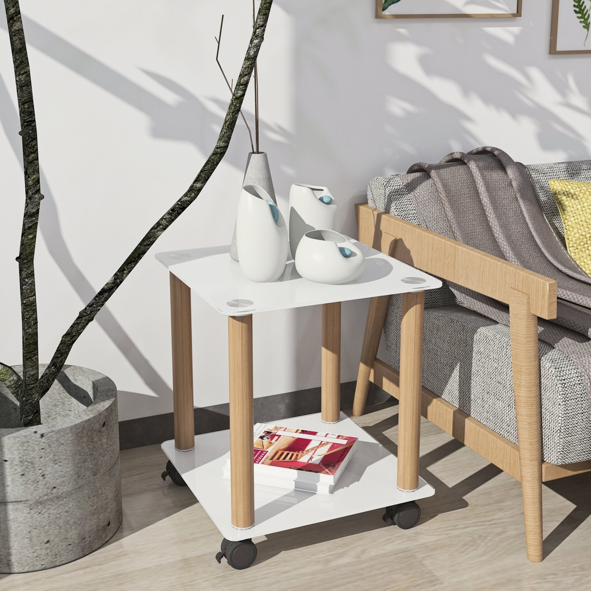 2 Piece White Oak Side Table2 Tier Space End Table ,Modern Night Stand, Sofa Table, Side Table With Storage Shelve White Glass