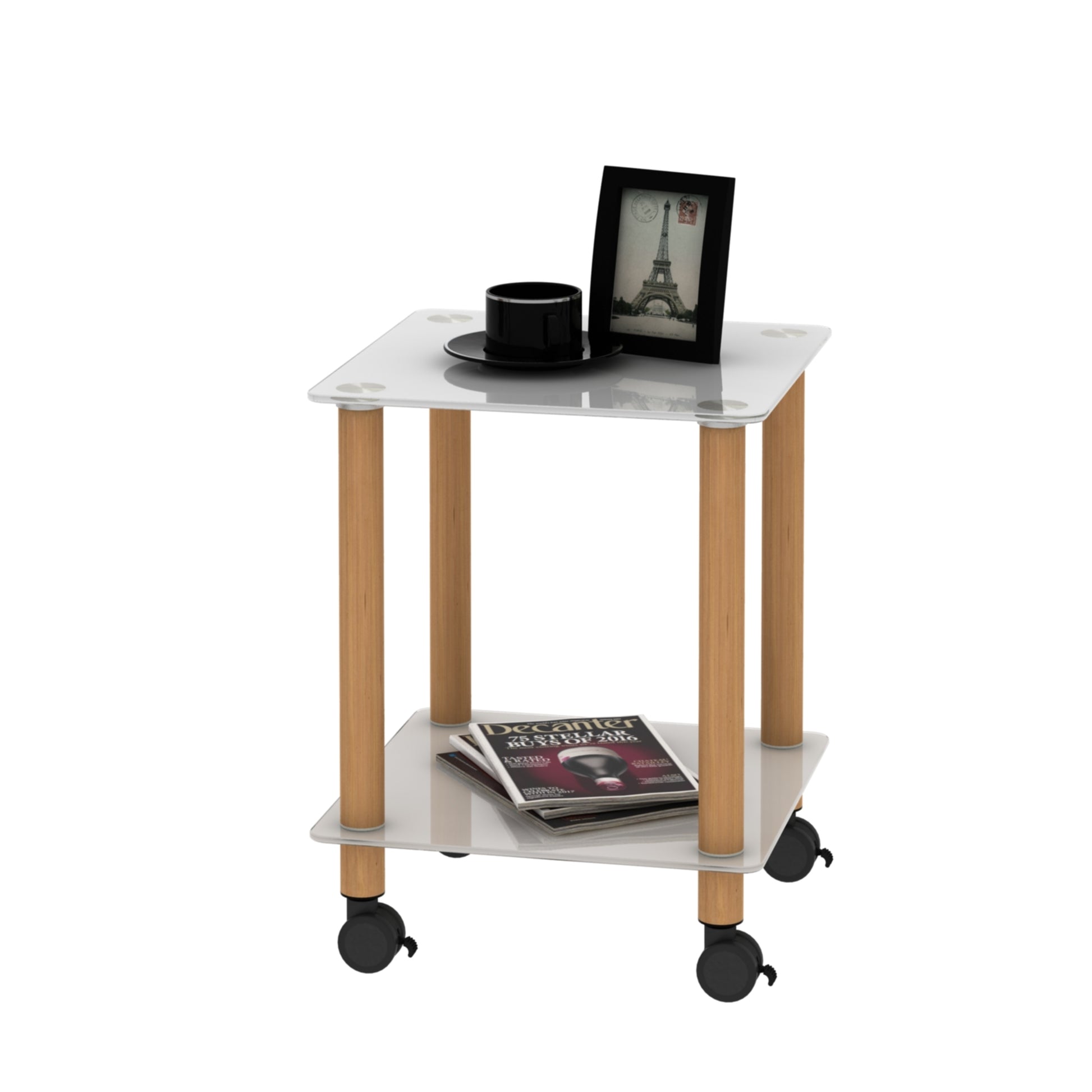 2 Piece White Oak Side Table2 Tier Space End Table ,Modern Night Stand, Sofa Table, Side Table With Storage Shelve White Glass
