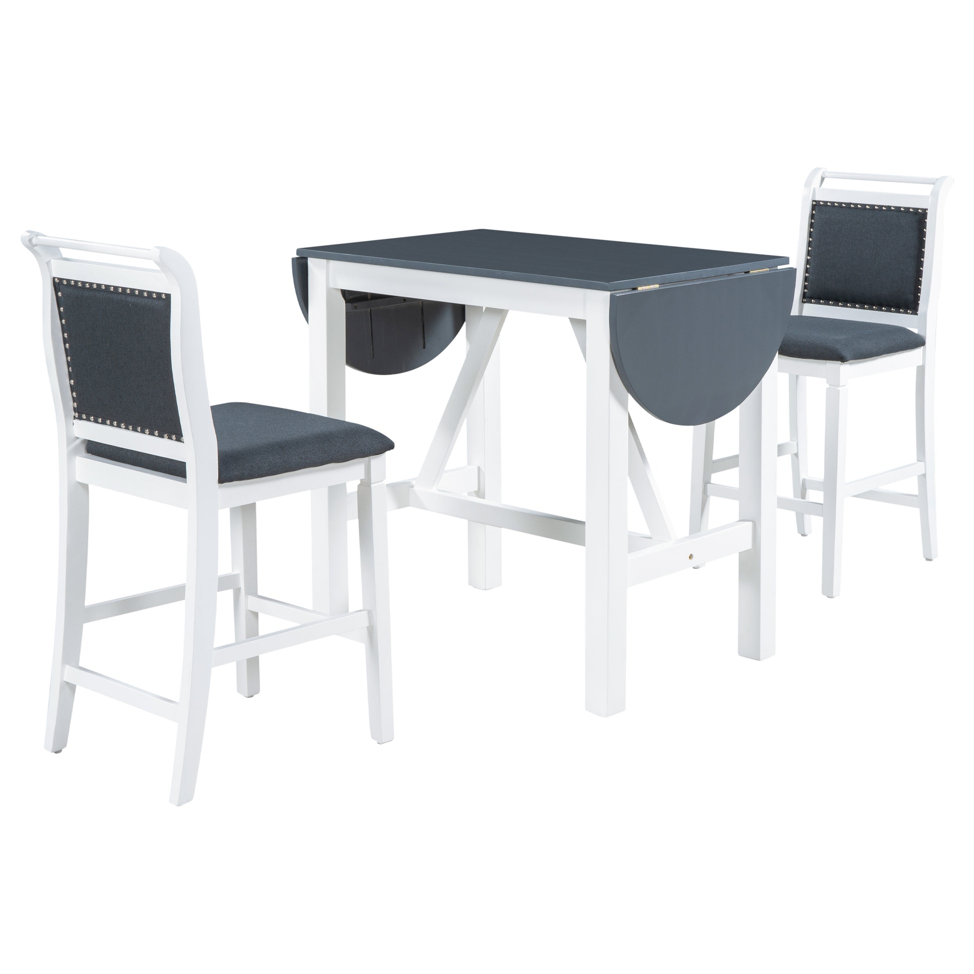 3 Piece Wood Counter Height Drop Leaf Dining Table Set With 2 Upholstered Dining Chairs For Small Place, White Gray White Wood Dining Room Folding Rubberwood Oval Dining Table With Chair Upholstered Chair Wood White Solid Back Seats 2 60 Inches Drop Leaf