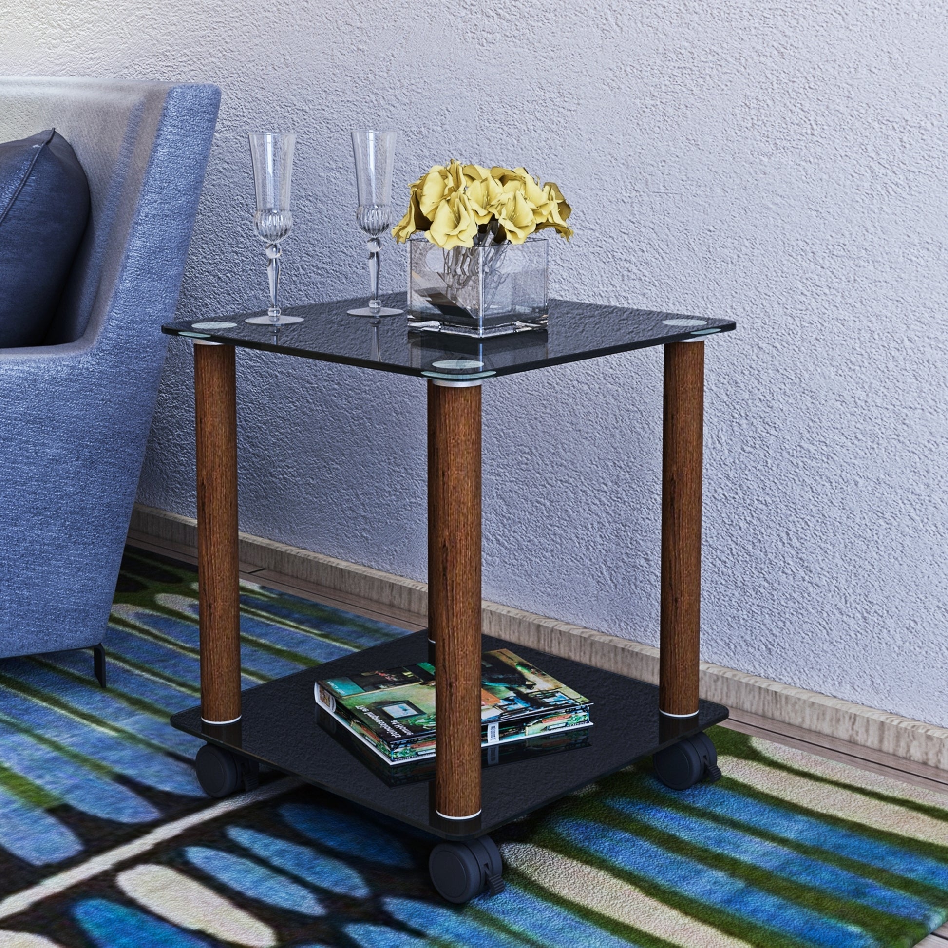 1 Piece Black Walnut Side Table2 Tier Space End Table ,Modern Night Stand, Sofa Table, Side Table With Storage Shelve Black Glass
