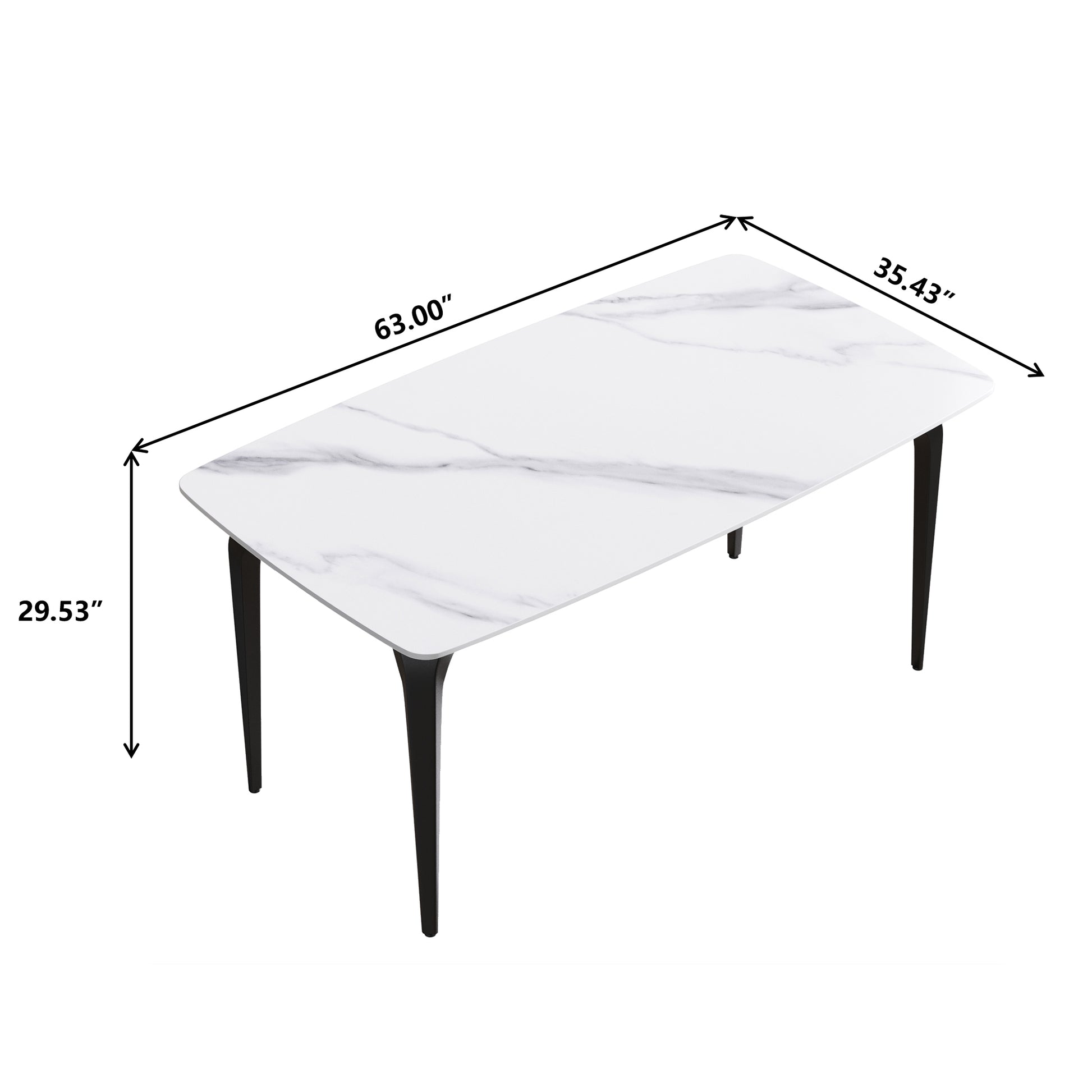 63"Modern Artificial Stone White Curved Black Metal Leg Dining Table 6 People White Metal Sintered Stone