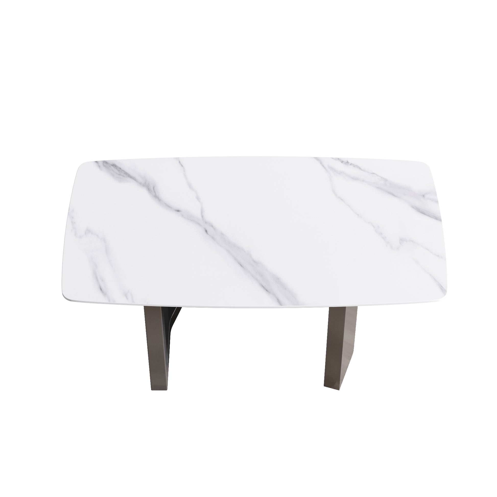 63"Modern Artificial Stone White Curved Black Metal Leg Dining Table 6 People White Metal Sintered Stone