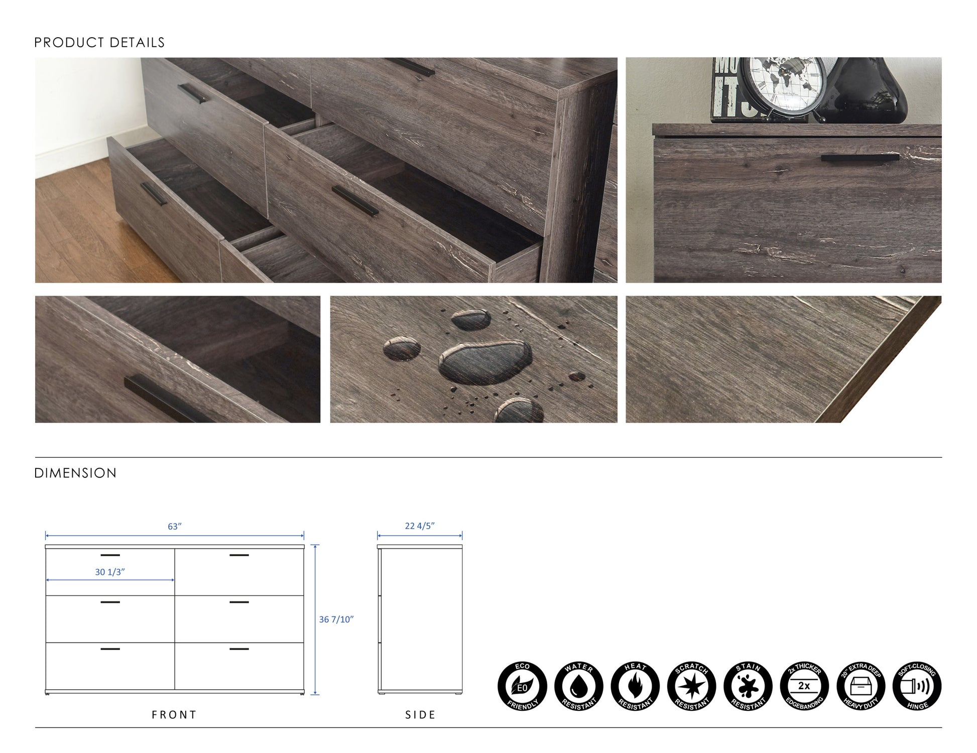 Morgan Farmhouse Six Drawer Jumbo Dresser In Rustic Gray Gray Solid Wood