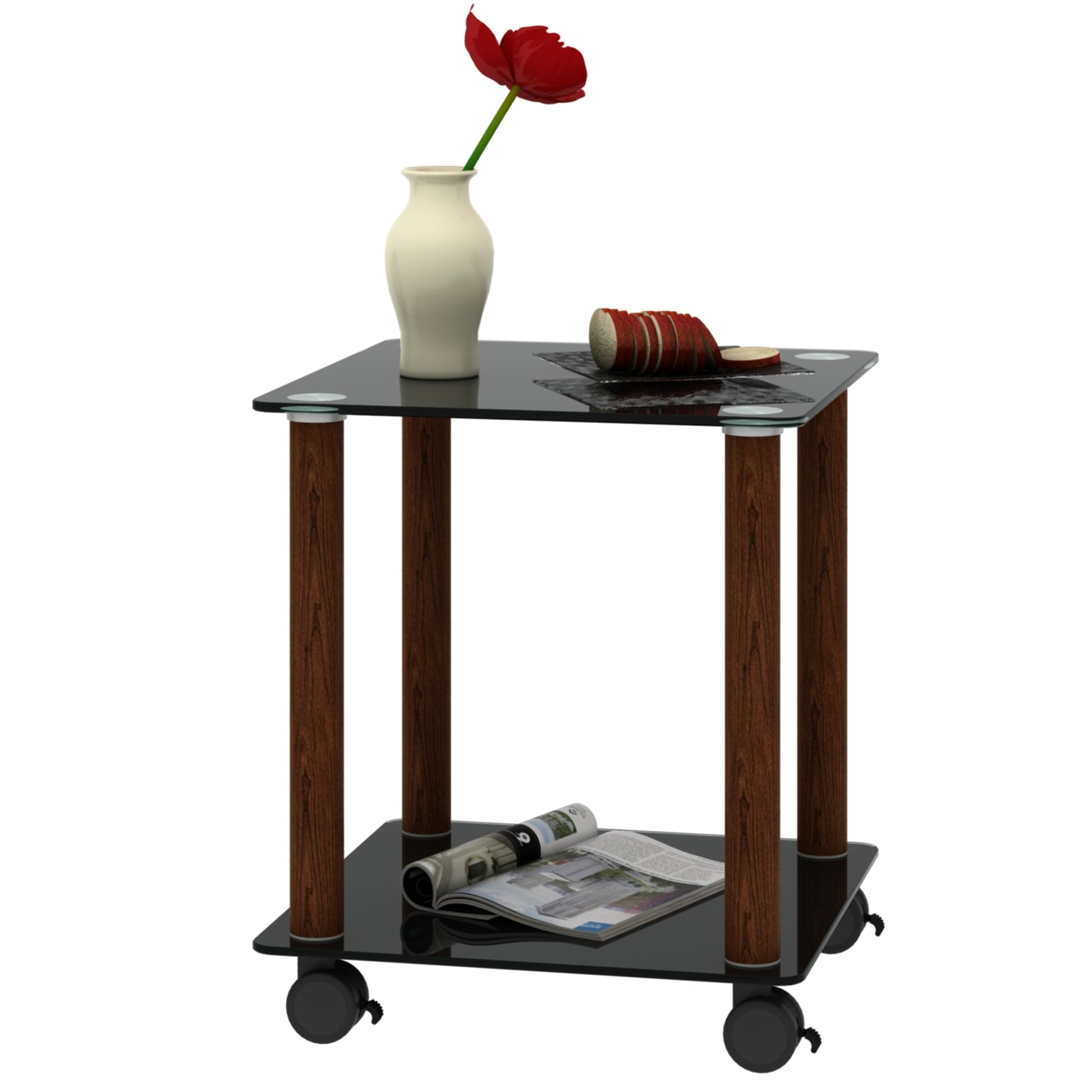 1 Piece Black Walnut Side Table2 Tier Space End Table ,Modern Night Stand, Sofa Table, Side Table With Storage Shelve Black Glass