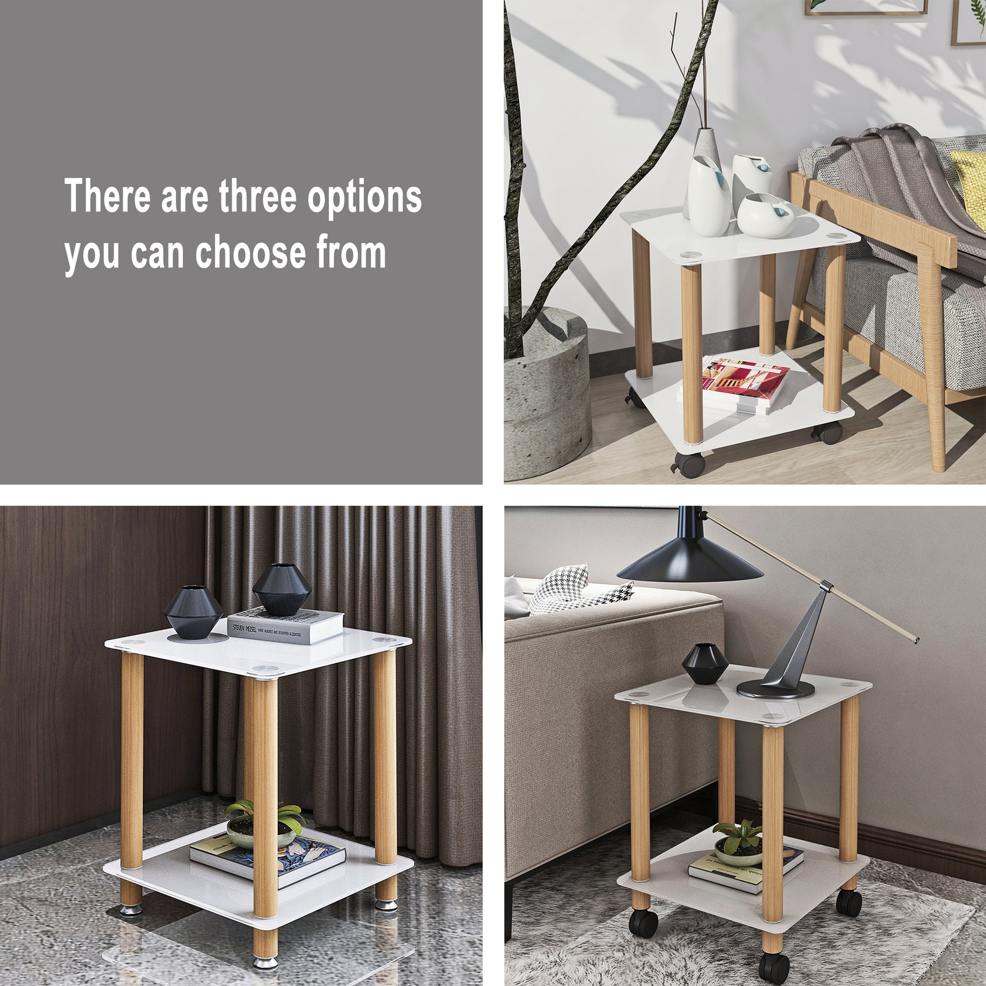 2 Piece White Oak Side Table2 Tier Space End Table ,Modern Night Stand, Sofa Table, Side Table With Storage Shelve White Glass