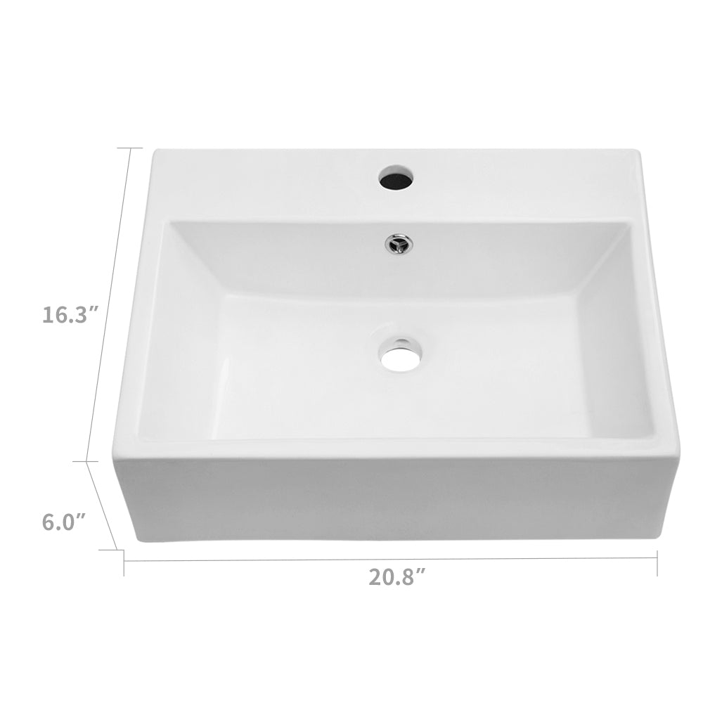 21"X16" White Ceramic Rectangular Wall Mounted Bathroom Sink With Faucet Hole And Overflow White Ceramic