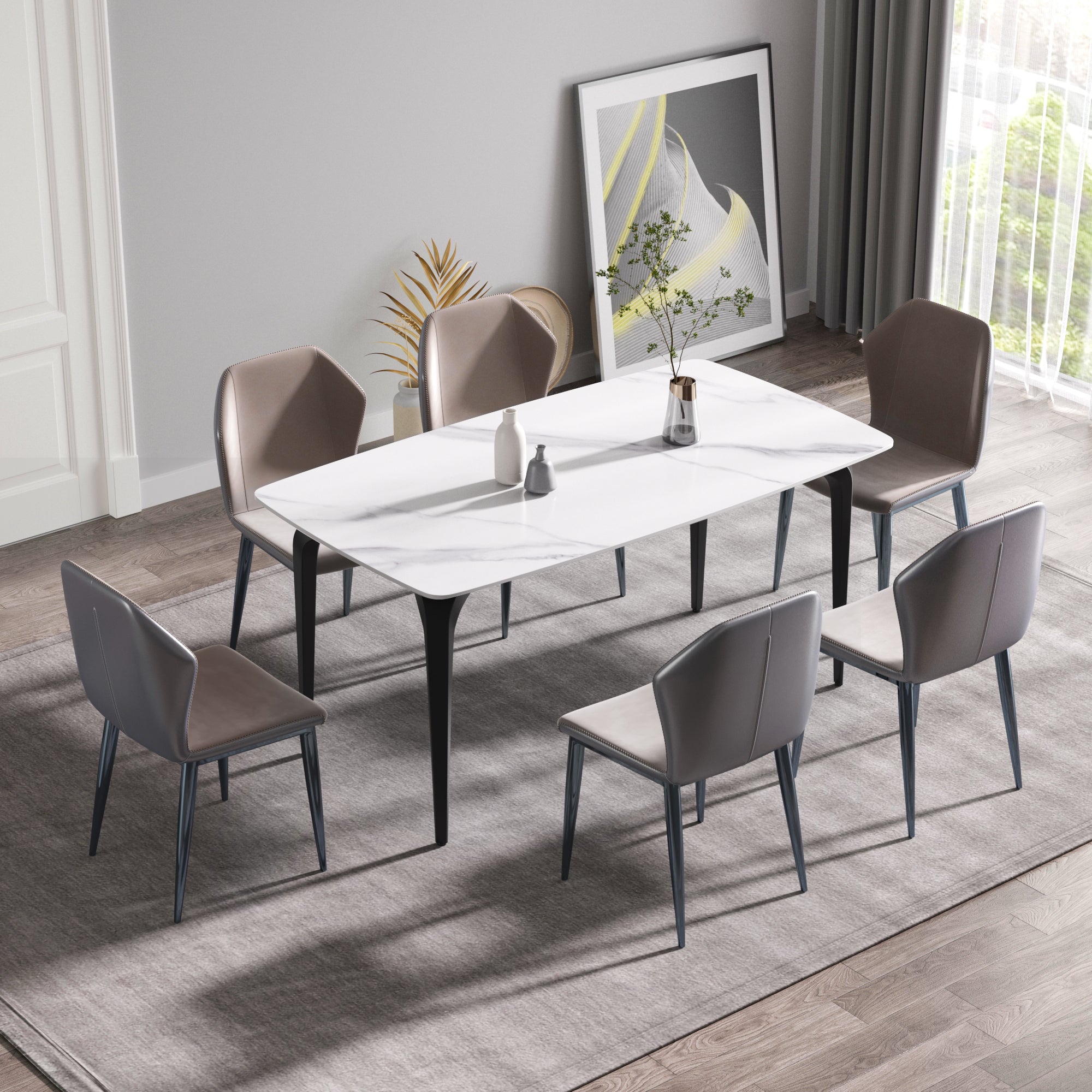 63"Modern Artificial Stone White Curved Black Metal Leg Dining Table 6 People White Metal Sintered Stone