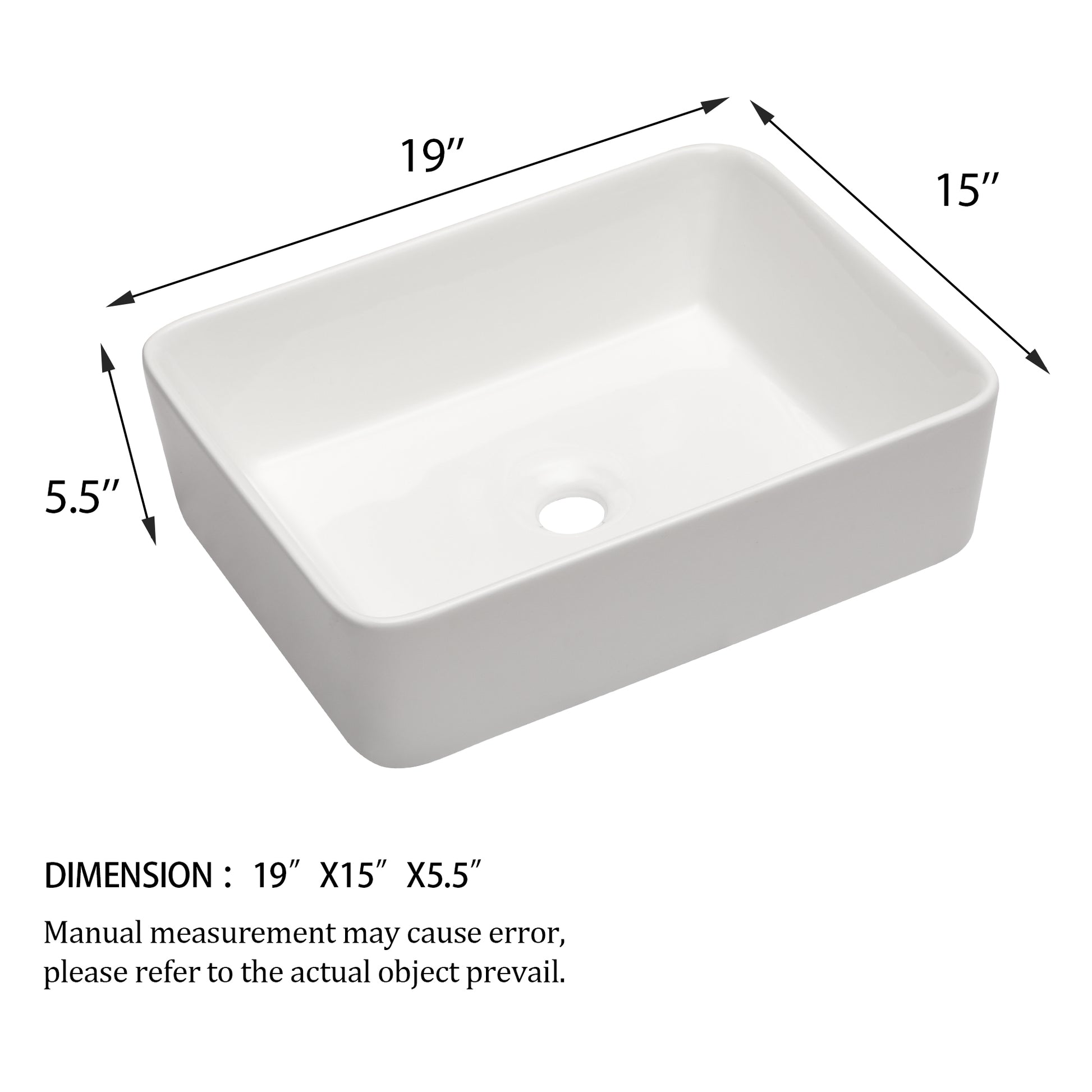 19"X15" White Ceramic Rectangular Vessel Bathroom Sink White Ceramic