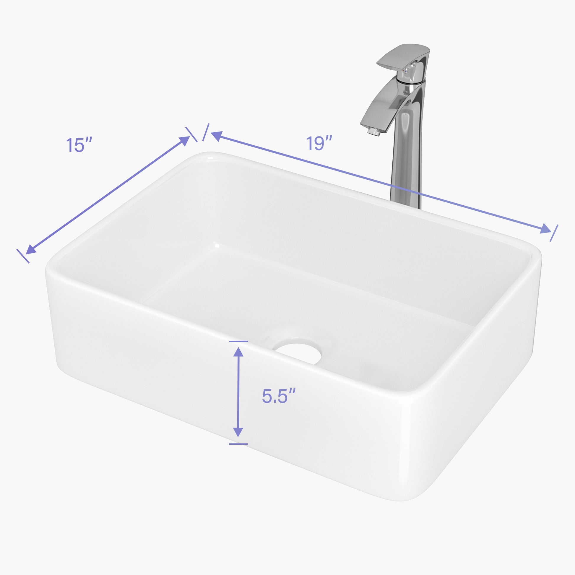 19"X15" Rectangle Bathroom Sink And Faucet Combo Modern Above White Porcelain Ceramic Vessel Vanity Sink Art Basin& Chrome Single Lever Faucet Combo White Ceramic