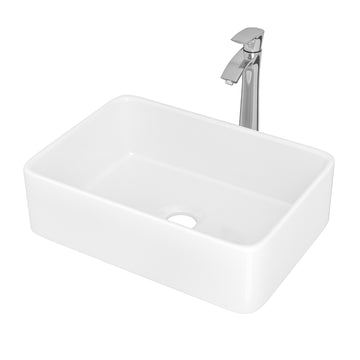 19"X15" Rectangle Bathroom Sink And Faucet Combo Modern Above White Porcelain Ceramic Vessel Vanity Sink Art Basin& Chrome Single Lever Faucet Combo White Ceramic