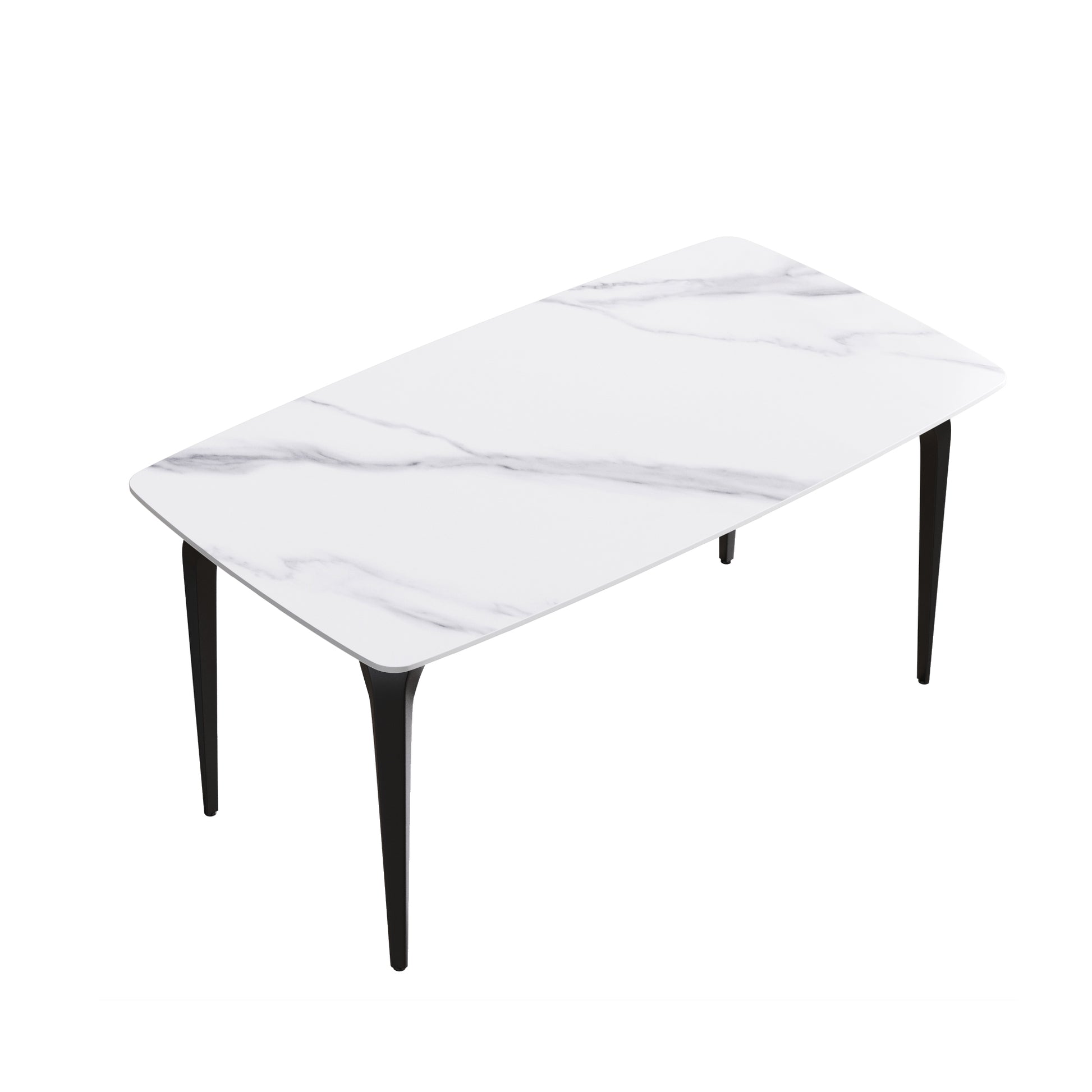 63"Modern Artificial Stone White Curved Black Metal Leg Dining Table 6 People White Metal Sintered Stone