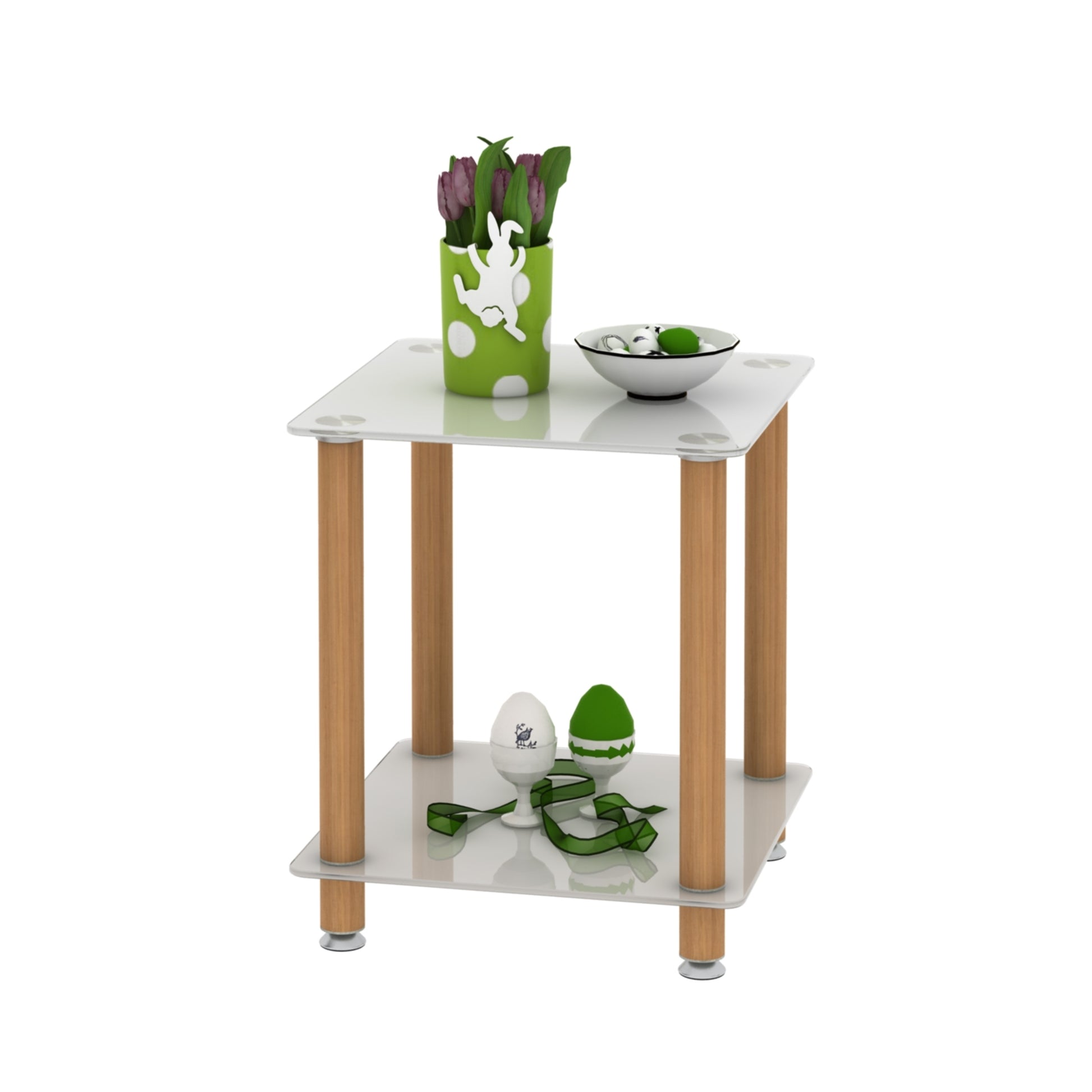 2 Piece White Oak Side Table2 Tier Space End Table ,Modern Night Stand, Sofa Table, Side Table With Storage Shelve White Glass