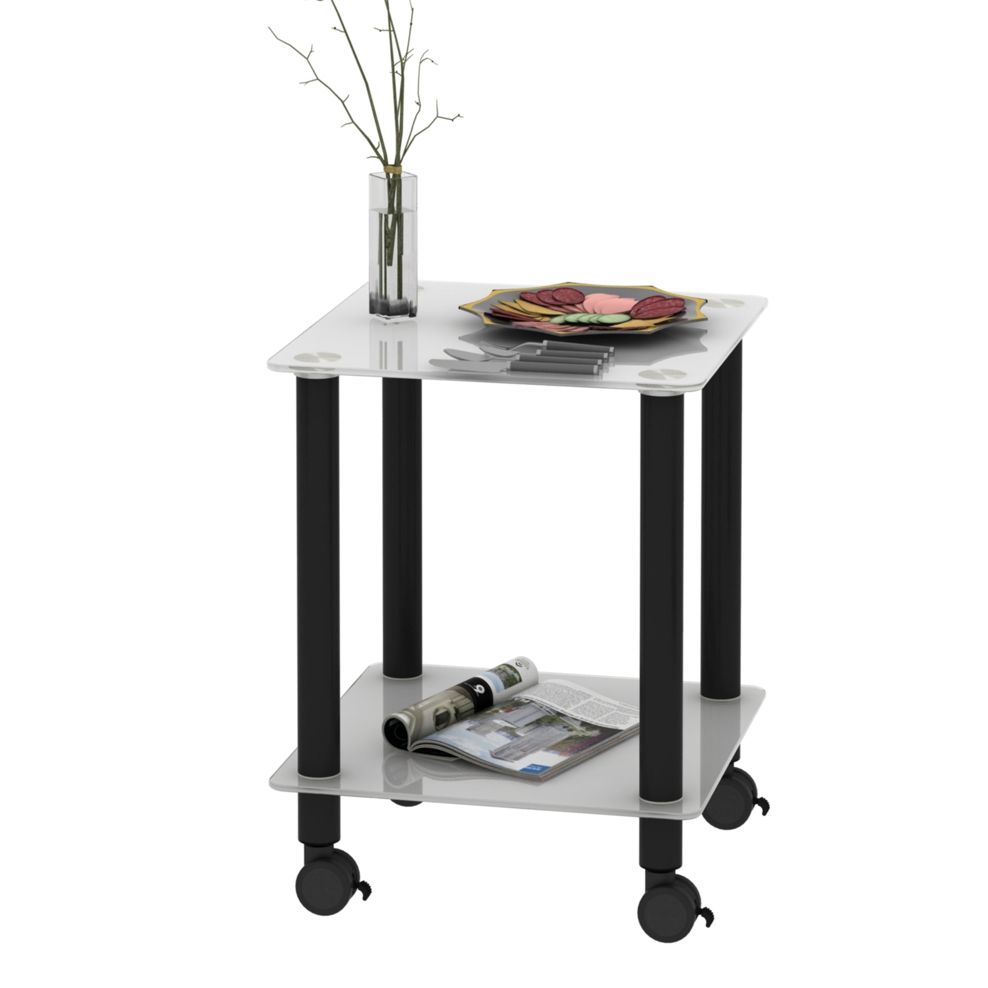 1 Piece White Black Side Table2 Tier Space End Table ,Modern Night Stand, Sofa Table, Side Table With Storage Shelve White Glass