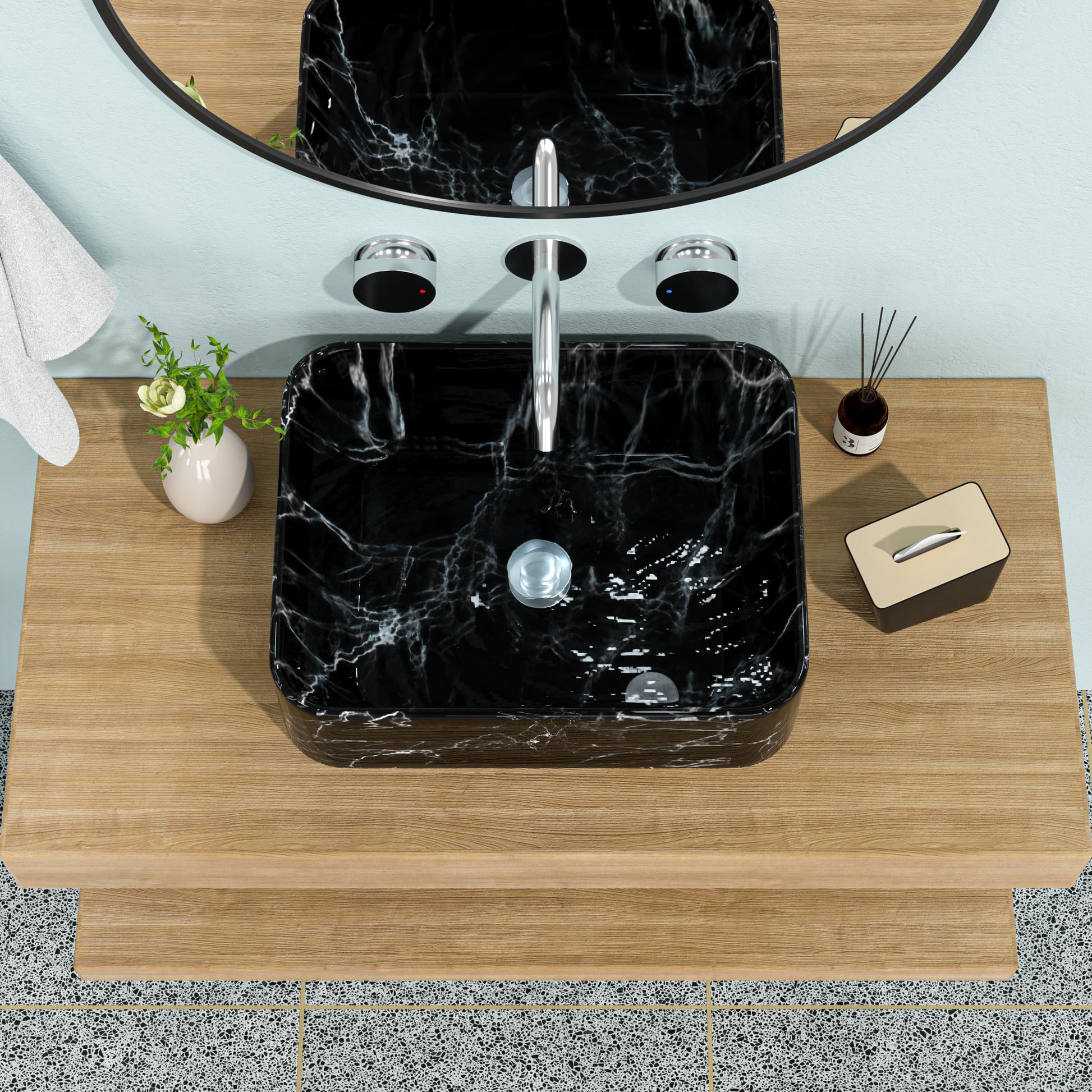 19"X15" Black And Gray Marble Pattern Ceramic Rectangular Vessel Bathroom Sink Black Gray Ceramic