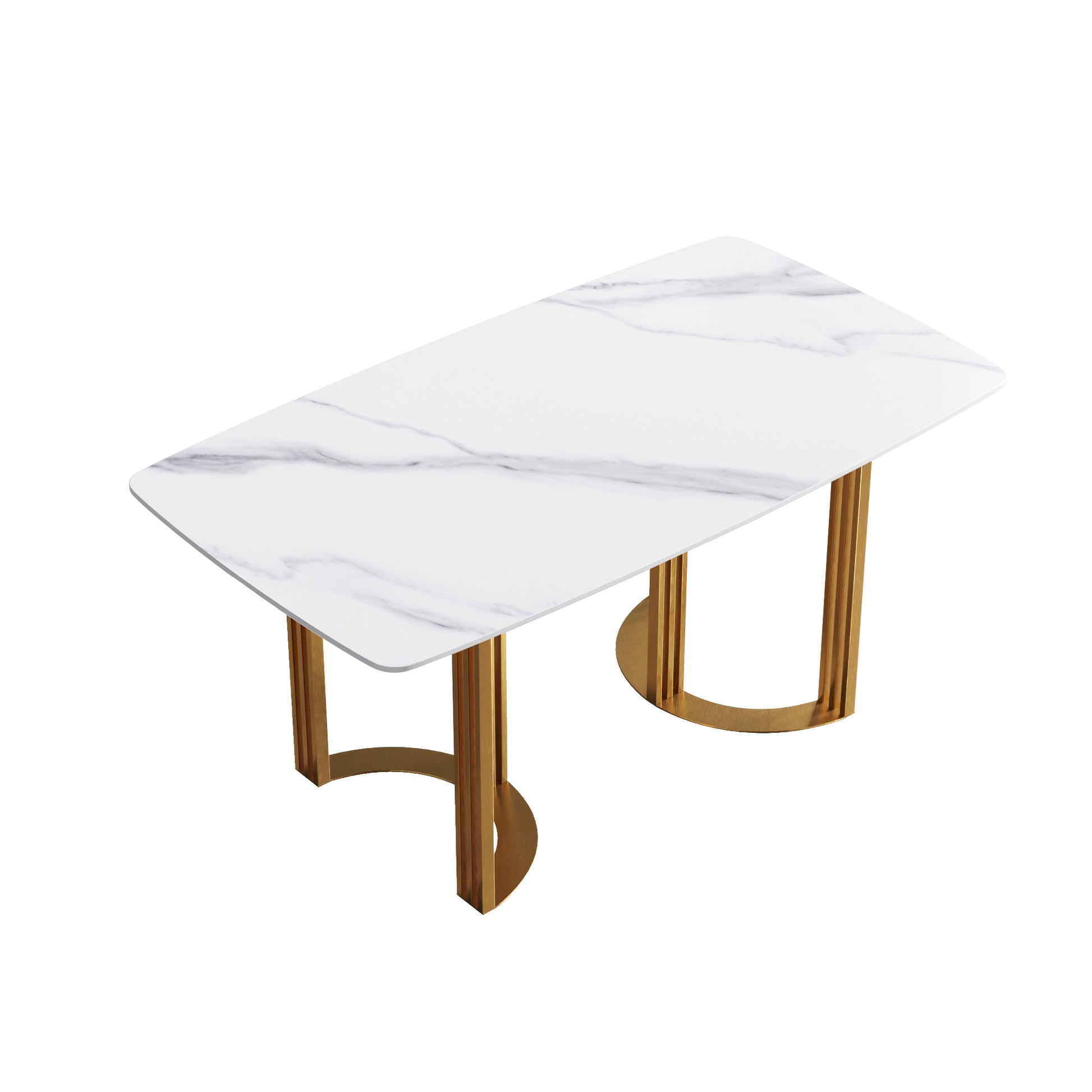 63"Modern Artificial Stone White Curved Golden Metal Leg Dining Table 6 People White Metal Sintered Stone