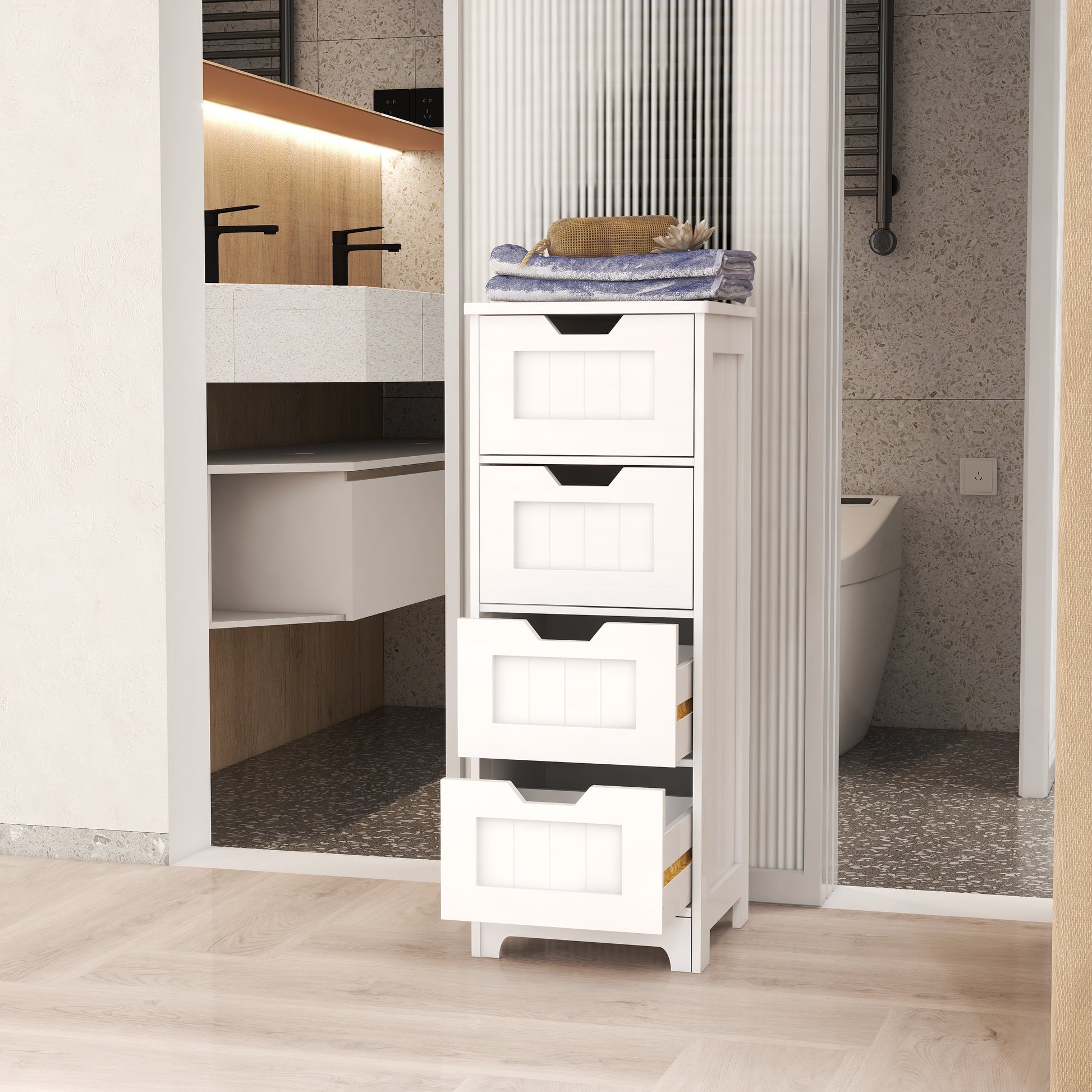 White Freestanding Storage Cabinet With 4 Drawers, Suitable For Bathroom, Living Room, Kitchen White Mdf