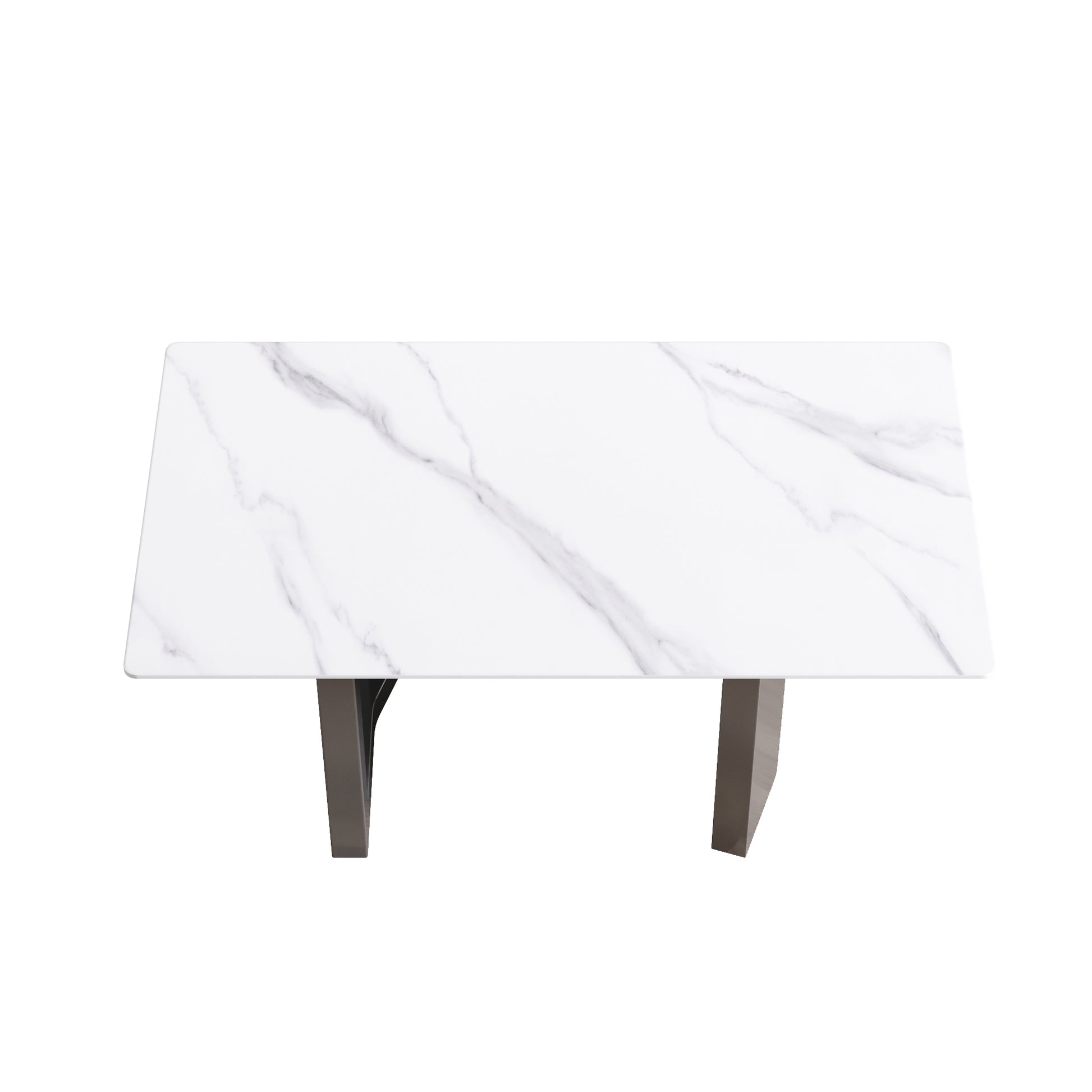 63"Modern Artificial Stone White Straight Edge Black Metal Leg Dining Table 6 People White Metal Sintered Stone